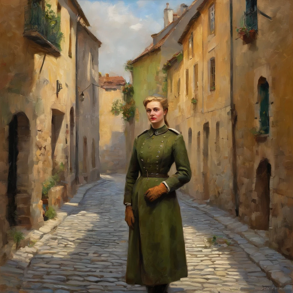 Lonely  girl, Tall stature, little chest, closed mouth, Slavic appearance: Green eyes; blond hair; sharp facial features; dimple on the chin; Straight nose; high nose; pronounced high cheekbones; high forehead, stands upright, military uniform: gray double-breasted overcoat; gray pants, Full-length painting, black leather gloves, in the middle of the street, Background: A street with a stone paved road with European stone houses from the first half of the 20th century, High quality shadows, High quality of light, High quality clothing, Masterpiece picture quality, max detail, Masterpiece quality.