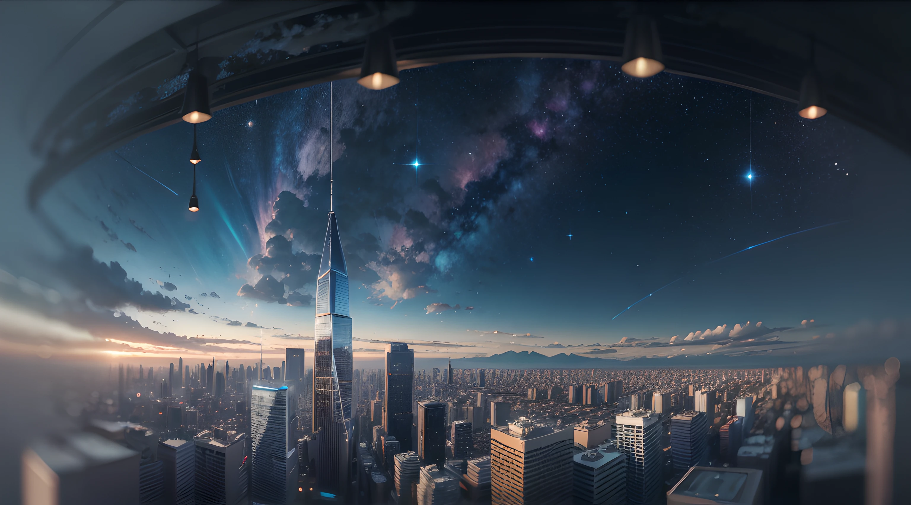 starrysky、deep in the night、Modern age city、Very high drawing skills、bird's eyes view、Very nice view、amazing lighting effect、fanciful、Very large area，8K，Super tall painting，small detailed，RAW photo of the landscape，（tmasterpiece），8K Ultra HD，Digital SLR，softlighting，high high quality，filmgrain，Fujifilm XT3，