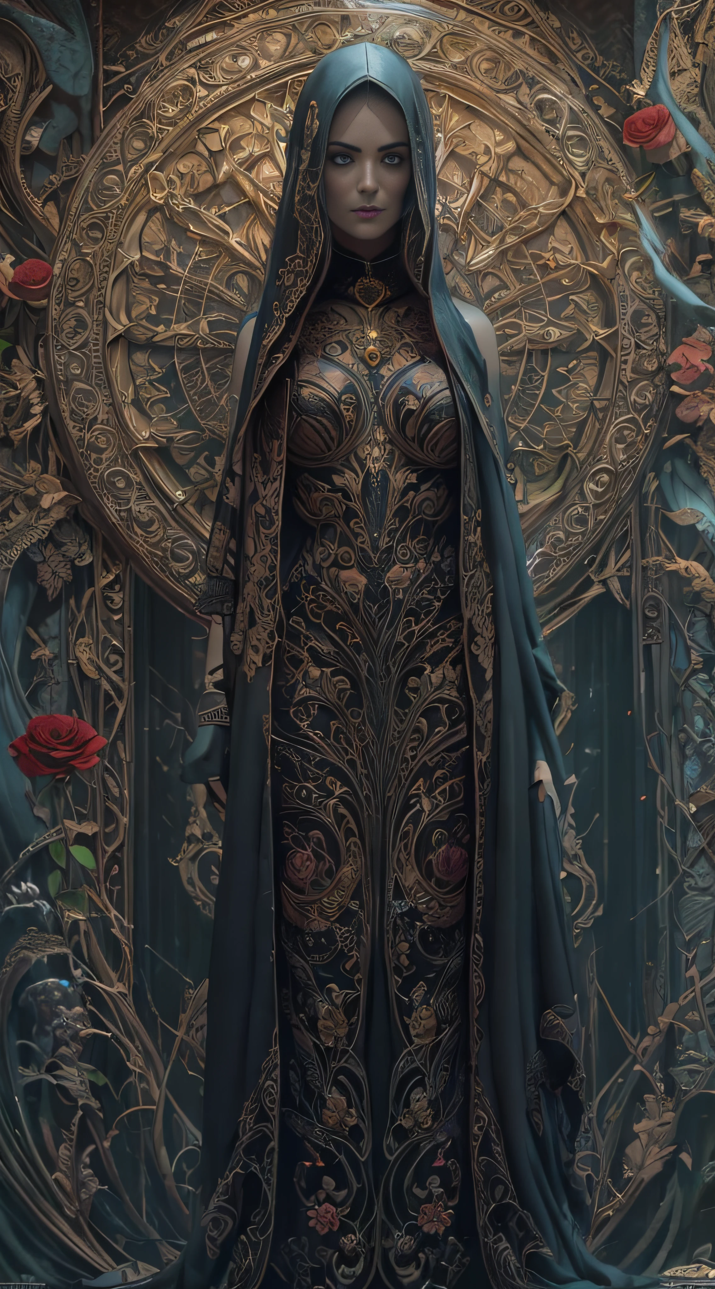 Siempre Bruja, gothic, dynamic side lignhting, dynamic angle, solo focus, studio photo, close up, masterpiece, best quality, perfect lighting, roses, gothic clothes, cgsociety, natural skin, soft impressionist perfect composition, perfect face, character portrait, intricate, sharp focus, oil on canvas, expert, insanely detailed, 32k resolution, fantasy art, detailed painting, hyper realism, photorealistic, smooth soft skin, beautiful detailed intricate, insanely detailed, octane render, unreal engine 5, trending on artstation, sf, intricate artwork masterpiece, ominous, matte painting movie poster, golden ratio, trending on cgsociety, intricate, epic, trending on artstation, by artgerm, h. r. giger and beksinski, highly detailed, vibrant, production cinematic character render, ultra high quality model
