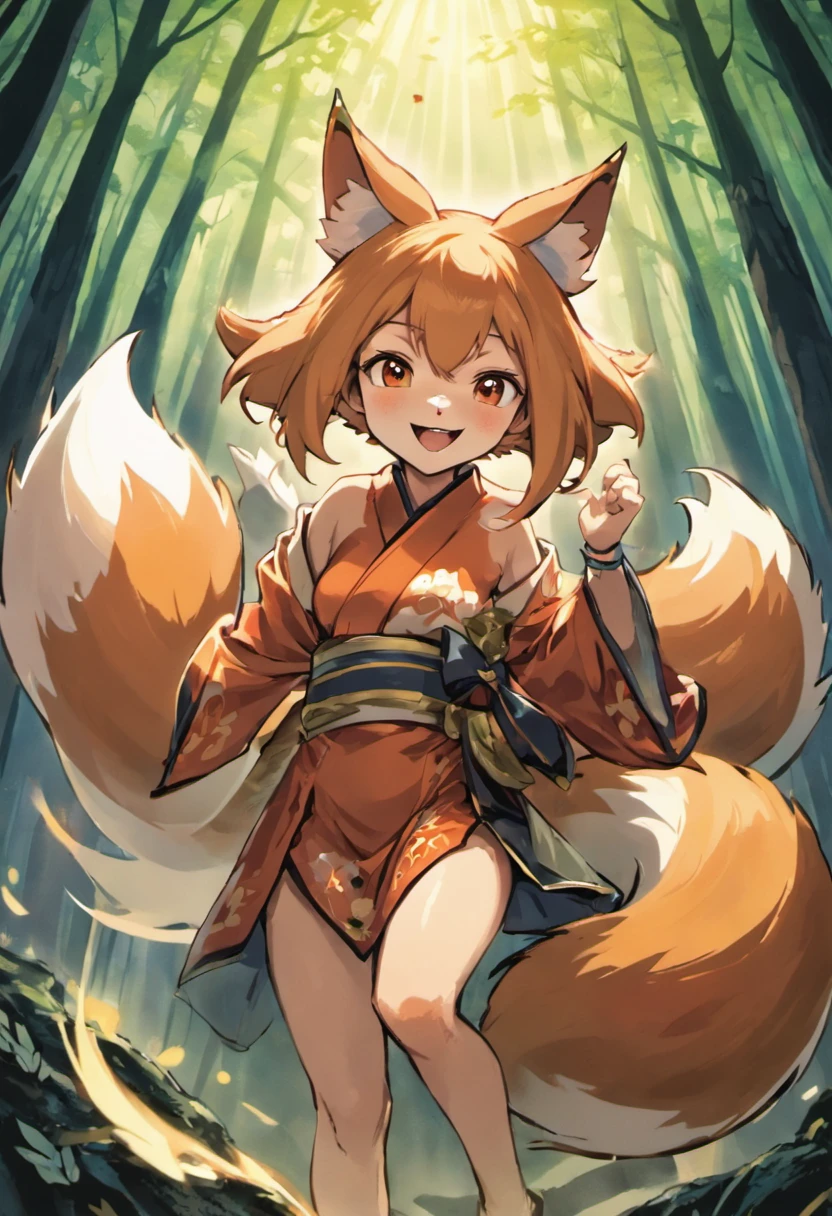 (foxes:1.3),Two-shot photo of a girl and a fox,(Fantasia,Kitsune Yokai Four-Tailed Heavenly Fox,),(Smiling Girl and Fox Youkai: The Tale of the Four-Tailed Heavenly Fox), (Smiling happy girl bent over deep in the forest and looking up,Fox Yokai Two-shot movie of a fox protecting a girl's back Poster of the four-tailed heavenly fox), (natural soft light.)(Sunlight,),(Sunlight,),(Professional Lighting.), (glossy light brown and orange two-tone color,,Wave Shortcut Hair,disheveled hair,),japanese kimono,Geta,
