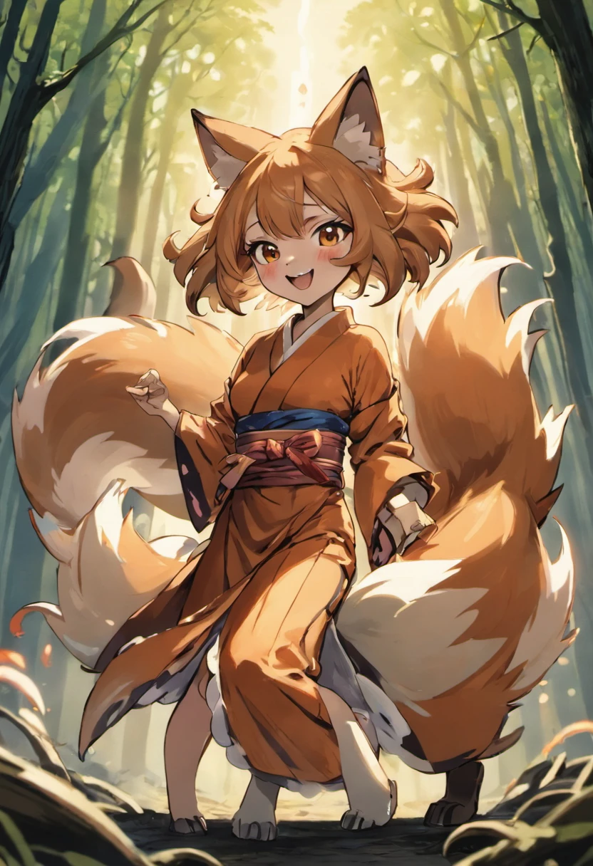 (foxes:1.3),Two-shot photo of a girl and a fox,(Fantasia,Kitsune Yokai Four-Tailed Heavenly Fox,),(Smiling Girl and Fox Youkai: The Tale of the Four-Tailed Heavenly Fox), (Smiling happy girl bent over deep in the forest and looking up,Fox Yokai Two-shot movie of a fox protecting a girl's back Poster of the four-tailed heavenly fox), (natural soft light.)(Sunlight,),(Sunlight,),(Professional Lighting.), (glossy light brown and orange two-tone color,,Wave Shortcut Hair,disheveled hair,),japanese kimono,Geta,