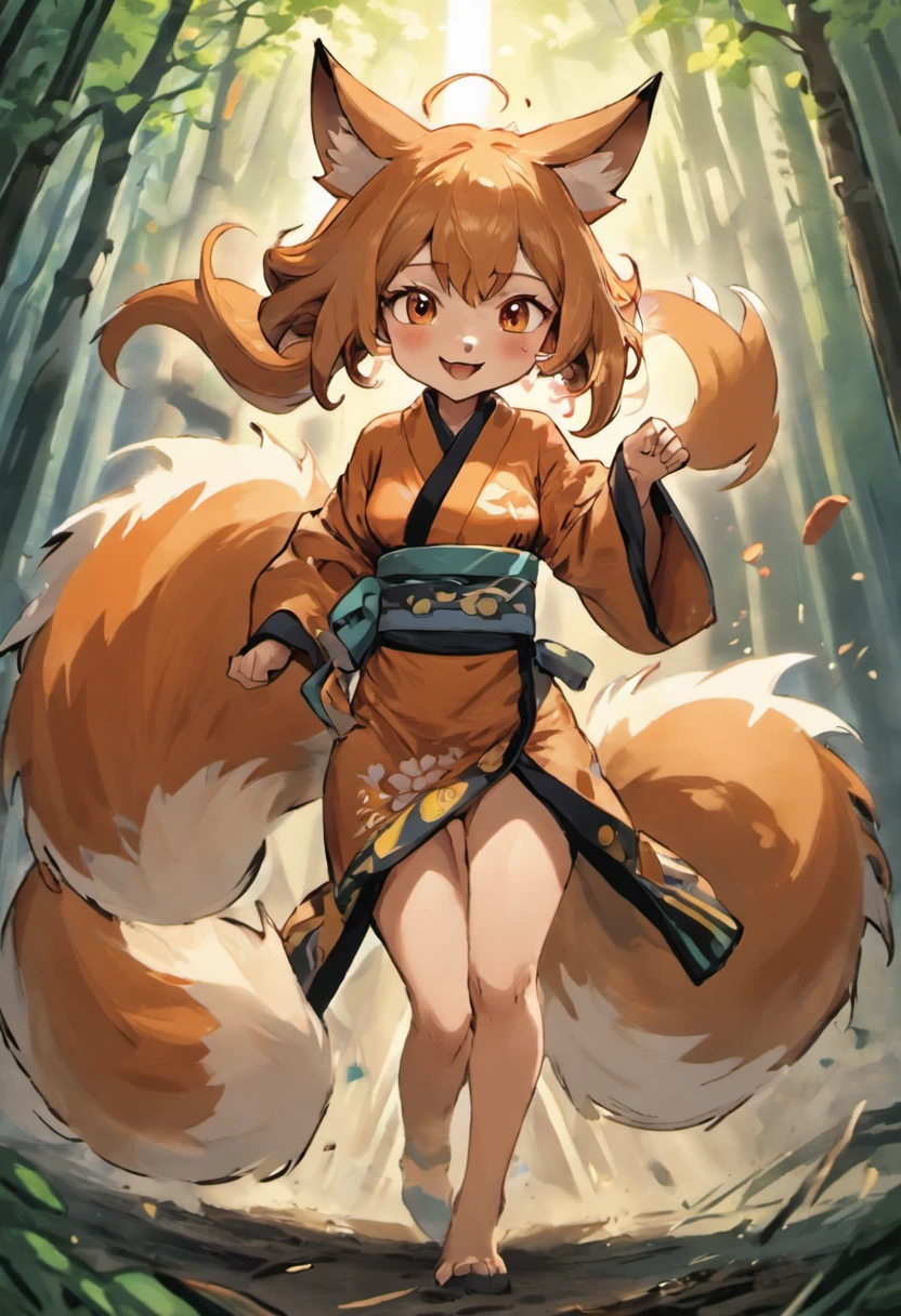 (foxes:1.3),Two-shot photo of a girl and a fox,(Fantasia,Kitsune Yokai Four-Tailed Heavenly Fox,),(Smiling Girl and Fox Youkai: The Tale of the Four-Tailed Heavenly Fox), (Smiling happy girl bent over deep in the forest and looking up,Fox Yokai Two-shot movie of a fox protecting a girl's back Poster of the four-tailed heavenly fox), (natural soft light.)(Sunlight,),(Sunlight,),(Professional Lighting.), (glossy light brown and orange two-tone color,,Wave Shortcut Hair,disheveled hair,),japanese kimono,Geta,