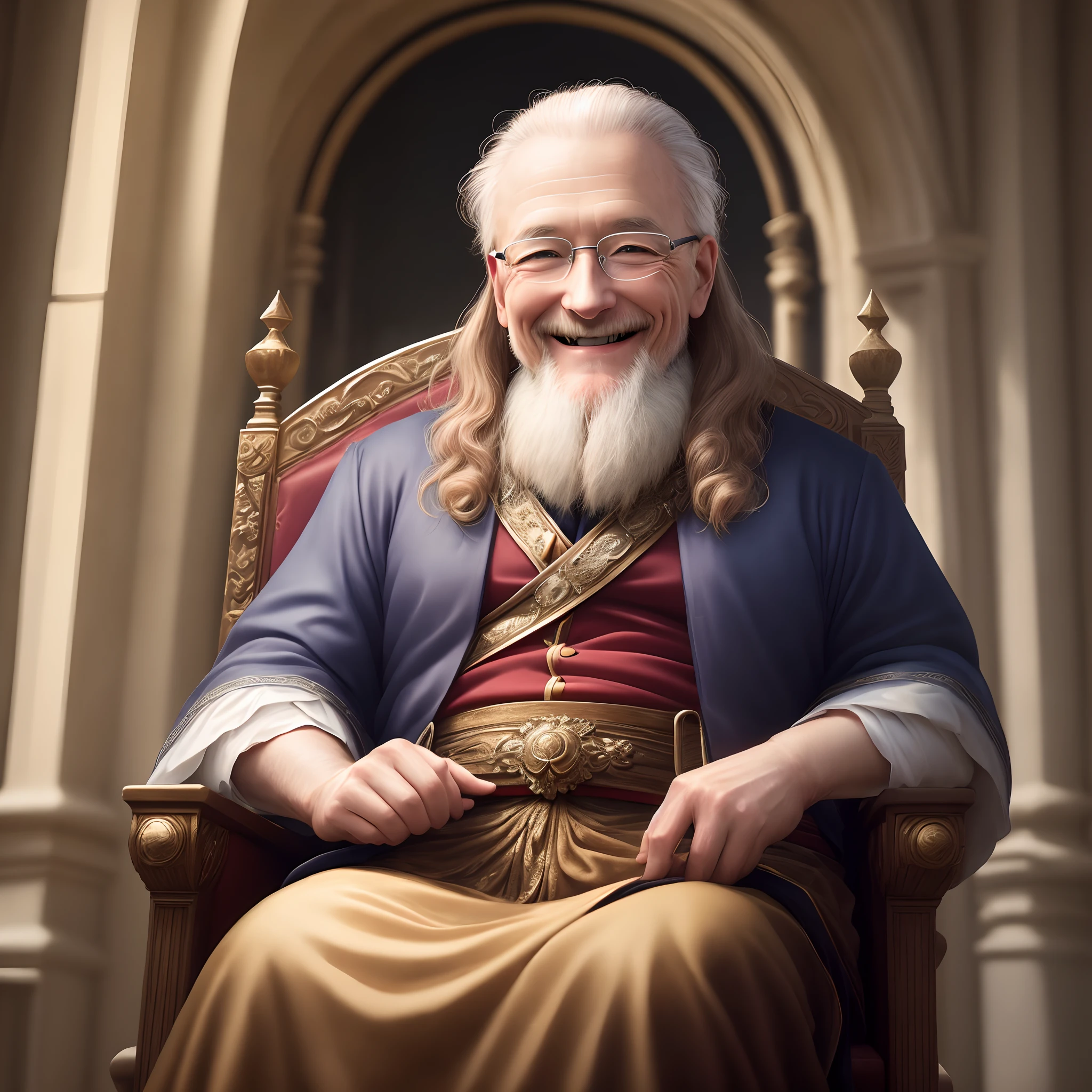 Hyper realistic 4K, A smiling 50-year-old wise man sitting on a throne in France