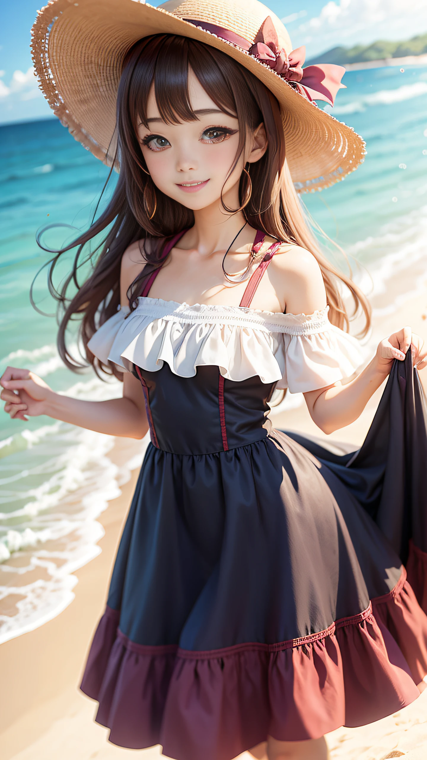 Anime style anime shoujo illustration blurred background smiling at camera without teeth，is wearing  dress，sea beach，Hats