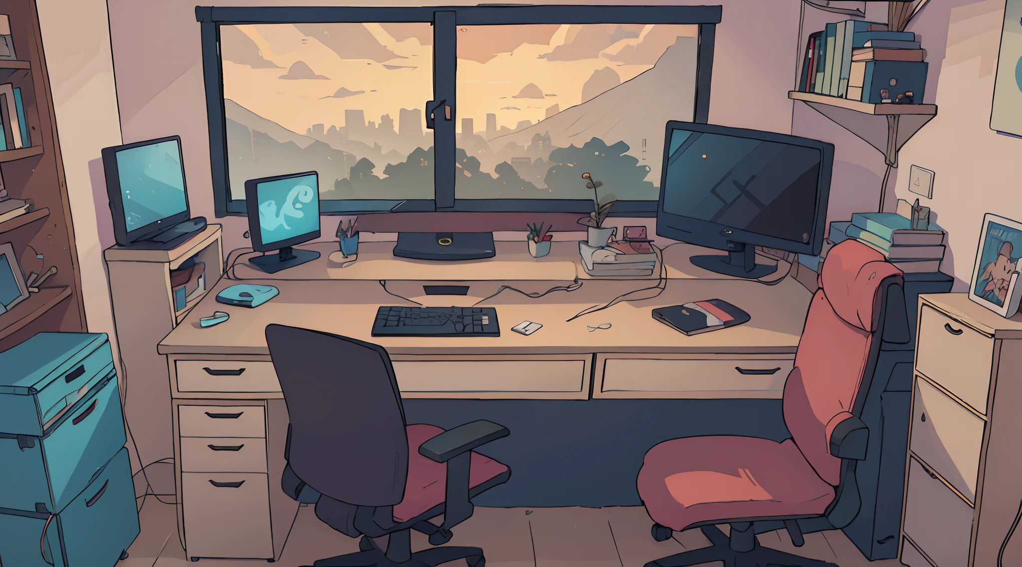 Create for me the bedroom of a messy ager, Lo-fi, com video gamer e livros, a chair on the left side of the screen facing the computer that is on top of the desk on the left side of the screen, Muitos detalhes,