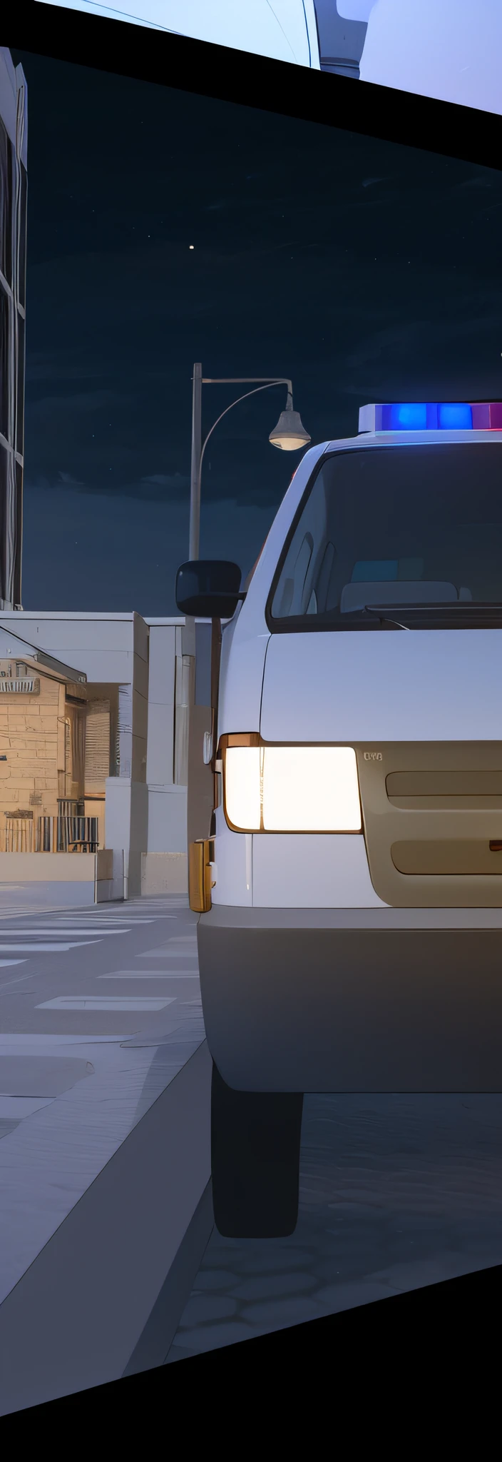 There was a police car driving on the street at night, detail render, raytraced lights and shadows, high resolution and detail