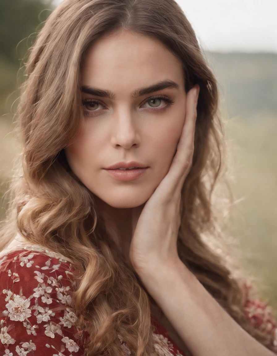 a close-up photo of a pregnant woman, Retrato de
Cara Delevigne, Beautiful pregnant woman, Stand with your hands hanging, cabelos longos fluindo com o vento, No meio de canteiros coloridos, vestido branco,((Cabelos longos dourados)),flor bonita