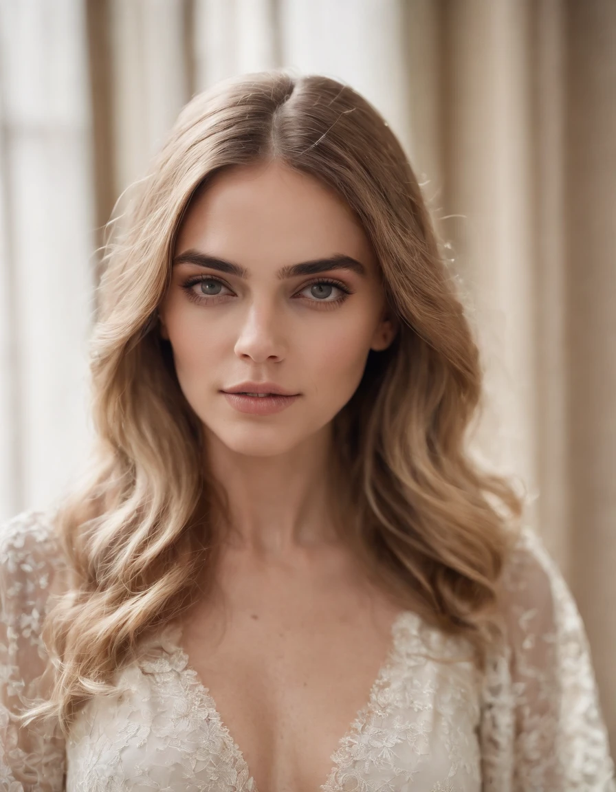a close-up photo of a pregnant woman, Retrato de
Cara Delevigne, Beautiful pregnant woman, Stand with your hands hanging, cabelos longos fluindo com o vento, No meio de canteiros coloridos, vestido branco,((Cabelos longos dourados)),flor bonita