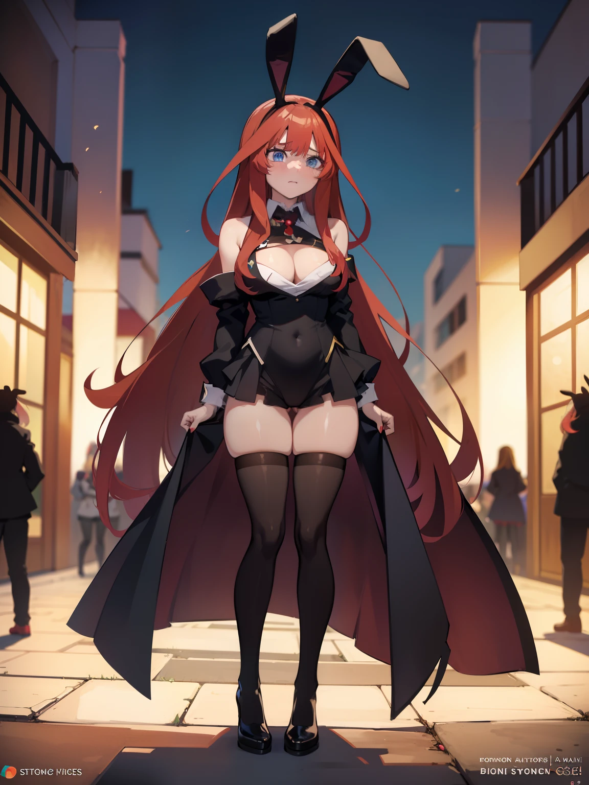 1girl, Anime girl with long hair, (((dark bunny suit))), anime moe art style, Anime visuals of cute girls, Anime Best Girl, itsuki nakano fanart, pretty anime girl, Smooth Anime CG Art, Seductive Anime Girl, charming anime girls, Cute anime girl, Shining eyes, big boobs, (((((standing))))), ((looking at viewer)), (((((ashamed))))), close up, bunny ears, red hair, blue eyes, ((((thick thighs)))), ((spreading legs))