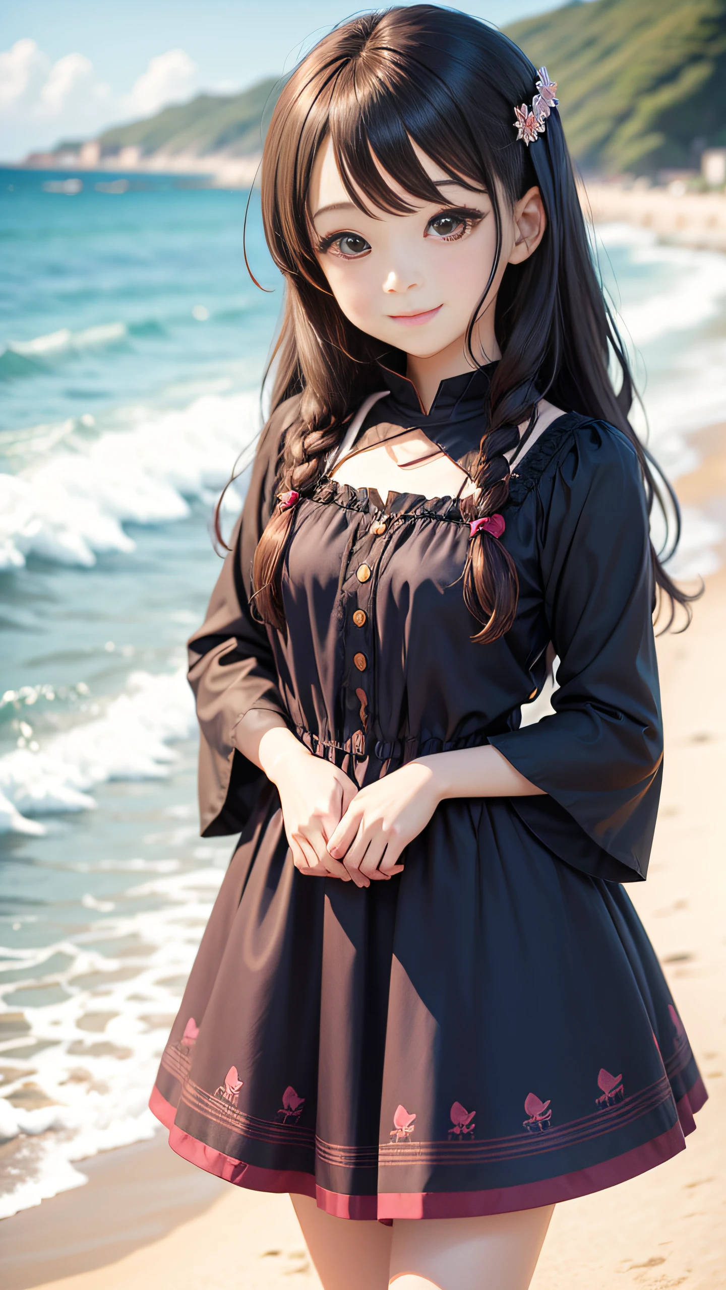 ((Attention to detail)),(Super detailed), Highly detailed CG Unity 8k wallpaper, beautiful girl,((Two people)), Highest quality, 8k, ((8-year-old))、girl、Long straight hair、Summer outfit、((Happy smile))、((Bust Shot))、（sea）、