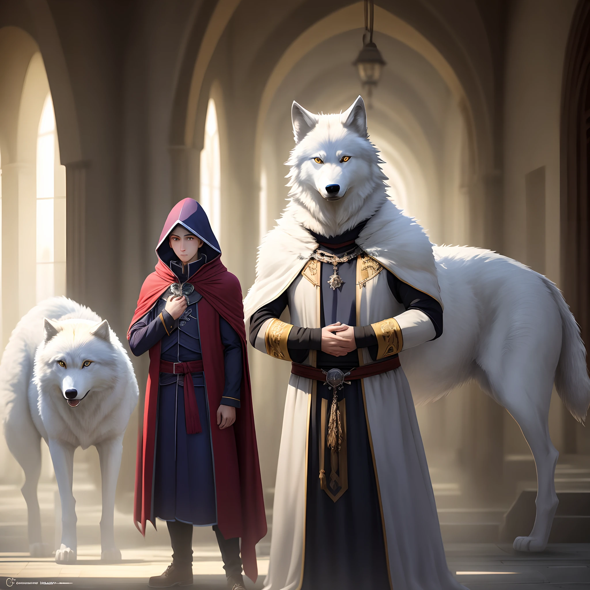 anime big breast,A teenager in a cloak stands in the light,Behind him stood a majestic white wolf