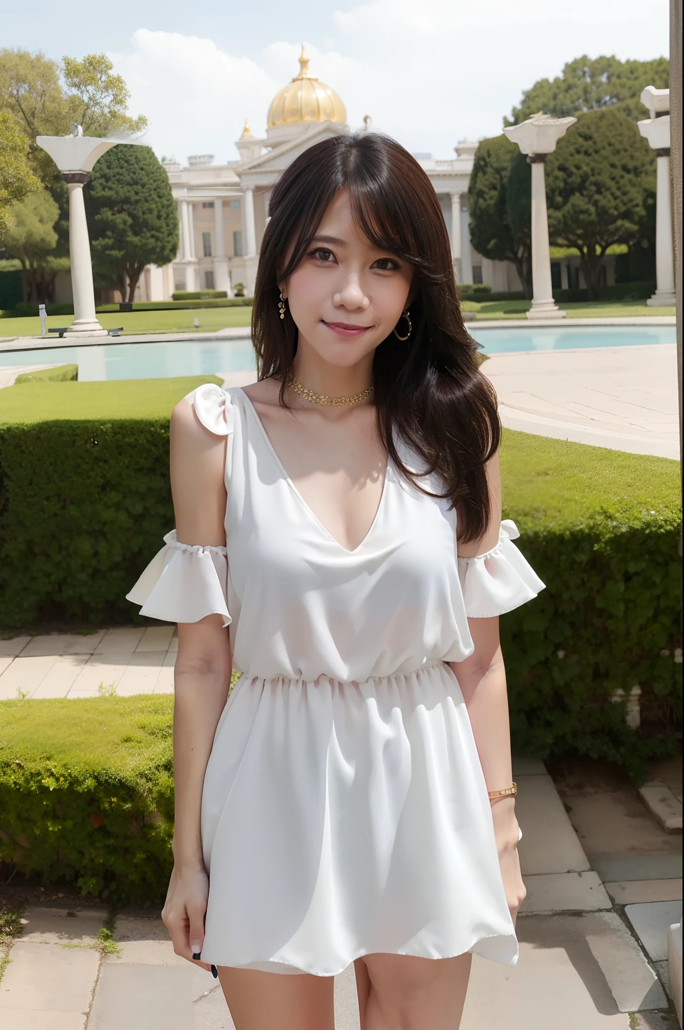 1female, 28 old years, Wearing mini cosrset, Fair skin, heels, stylish in front of the palace, breast cleavage, long bangs hair, love earrings, outdoor, beautiful face, standing, Serious look, little smile, full body, close up, photorealistic, masterpiece