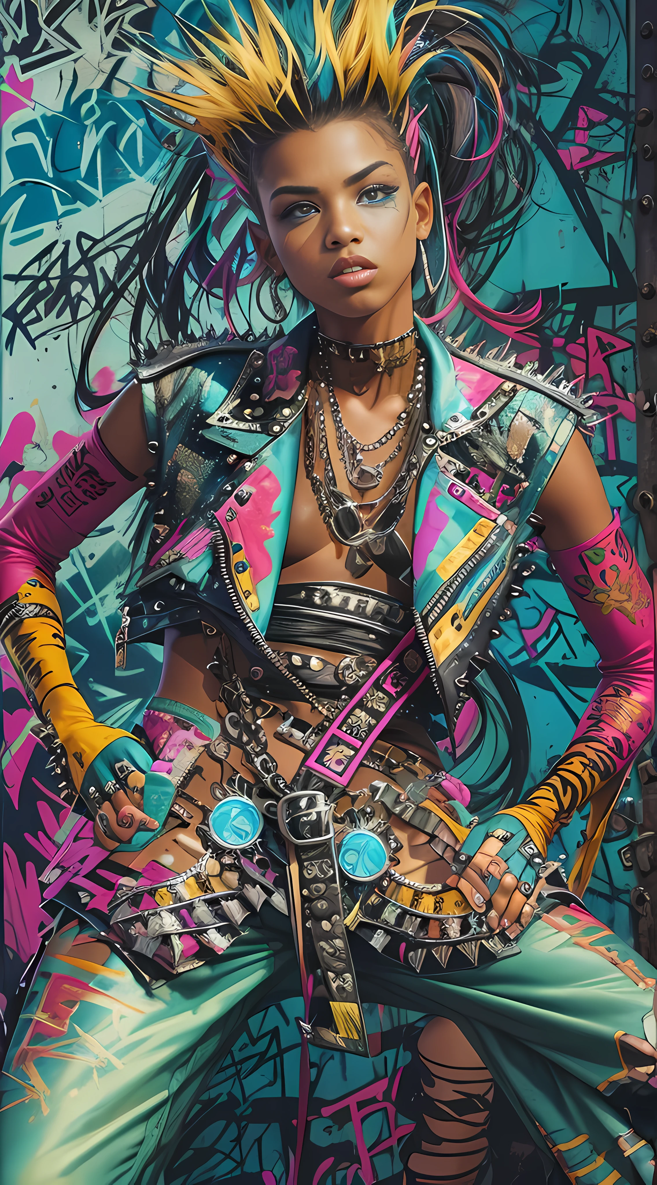 s modeling fashion designer Jean Paul Gaultier, flashy colors, graffiti, spikes, studs