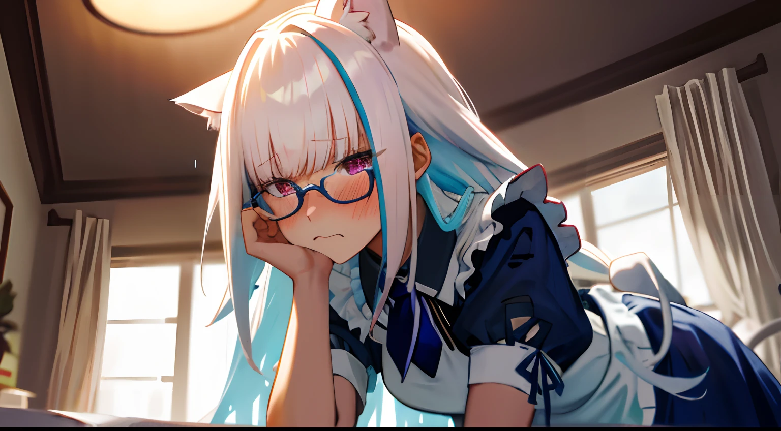 One girl with long hair, white hair, looking away, embarrassed, blushing, mouth small open, indoor, maid, cat ear, cat tail, maid costume, thigh, necktie, hands on own face, ear blush, covering face, mature female, close up, glasses