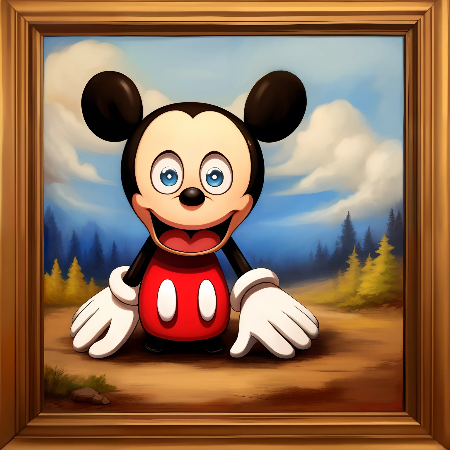 Mickey Mouse, no legs, legless, missing legs, stump leg, blue eyes, open smile, big and wide mouth, agape, Frame, Painting, beautiful