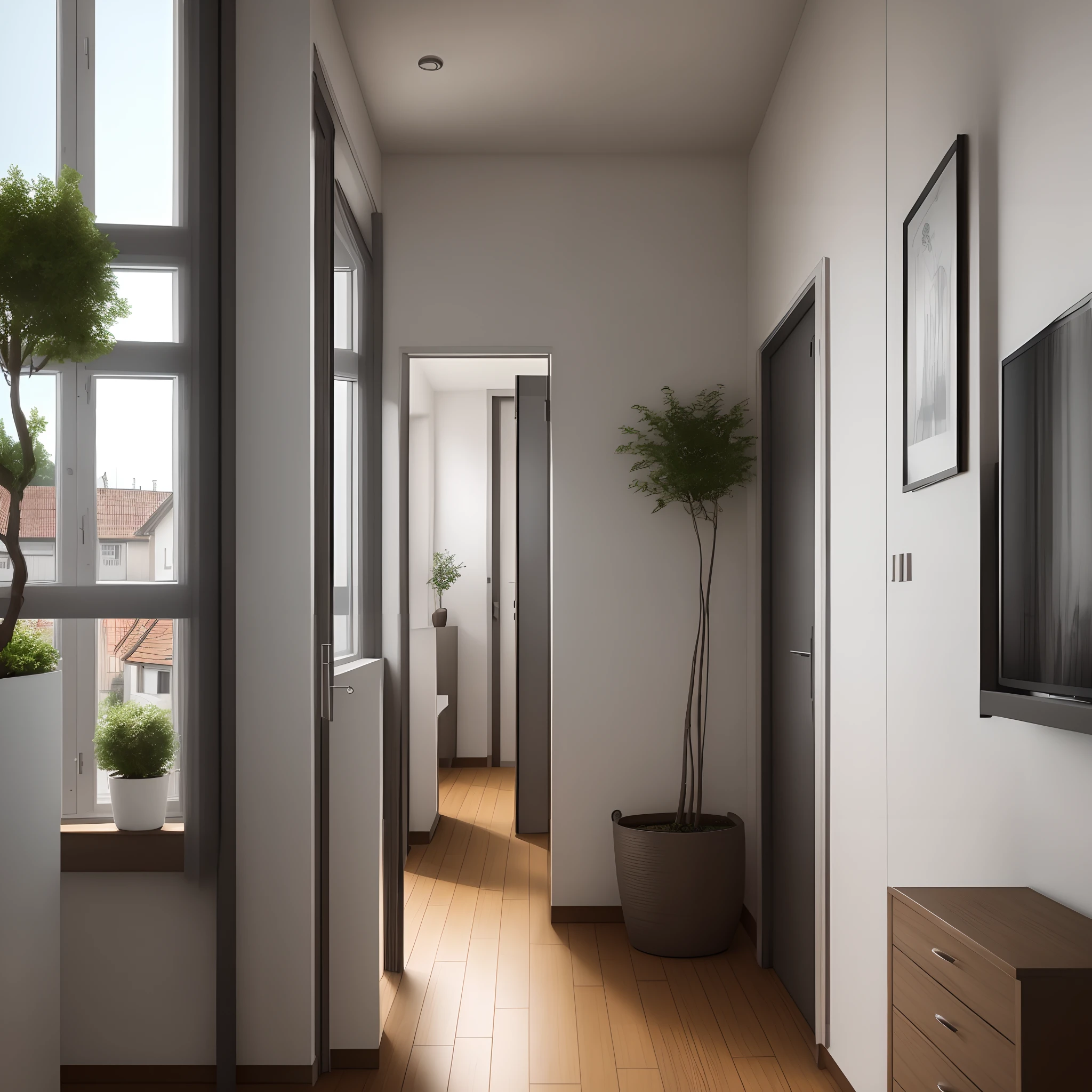 Ein live Hintergrund. Ein modisches Zimmer mit Fenster und Blick auf ein offenes zimmer