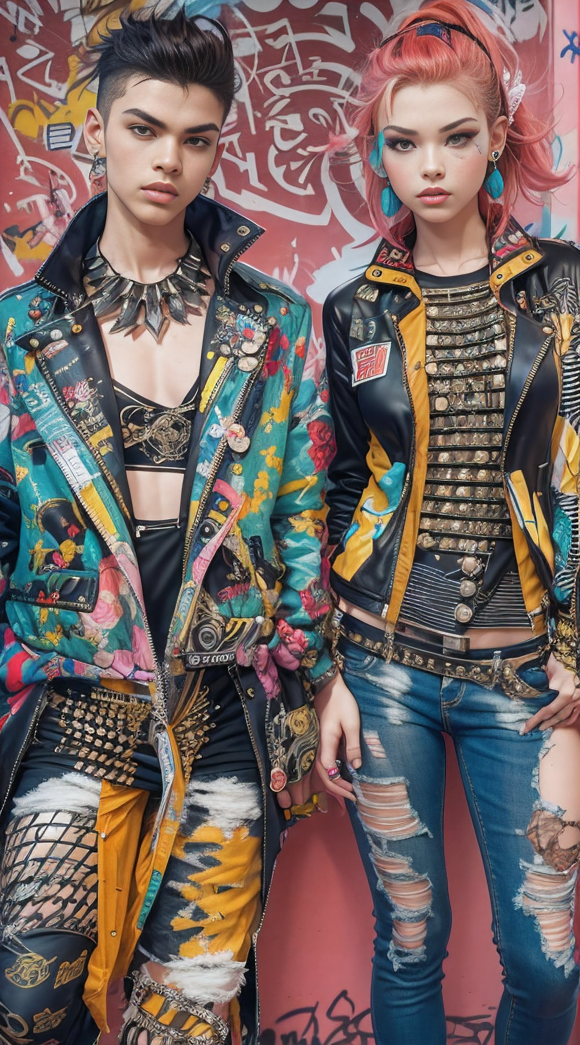 Teens modeling fashion designer Jean Paul Gaultier, flashy colors, graffiti, spikes, studs