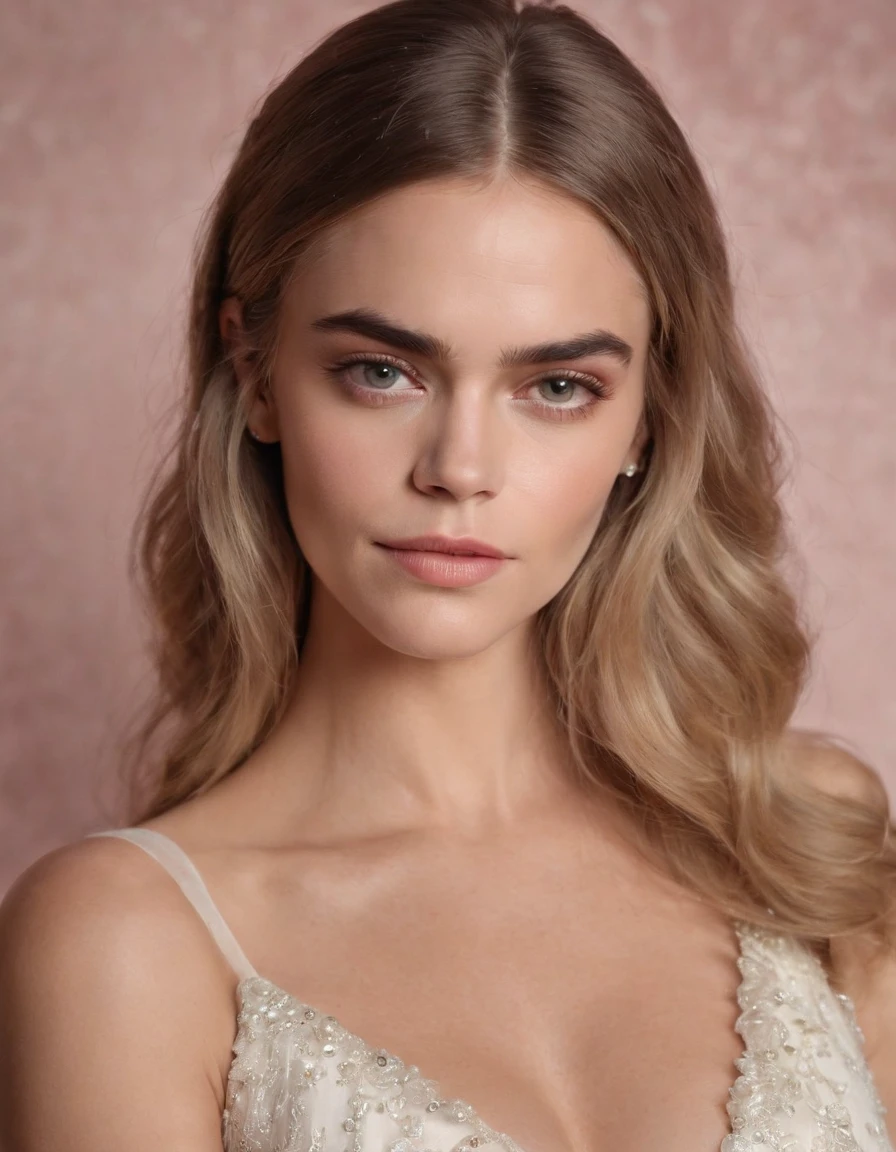 a close-up photo of a pregnant woman, Retrato de
Cara Delevigne, Beautiful pregnant Delevingne face, Stand with your hands hanging, cabelos longos fluindo com o vento, No meio de canteiros coloridos, vestido branco,((cabelos longos dourados)),flor bonita, cabelo platinado