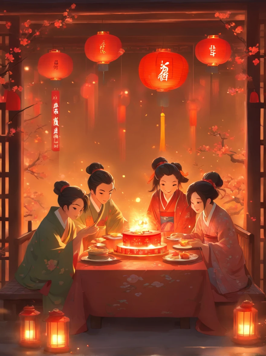 Mid-Autumn Festival,(The background is the full moon:1.2),The family sits together, Eat a reunion dinner, Sip osmanthus wine,There are red lanterns hanging in front of the house,The table is filled with a variety of delicacies,Moon cake, Warm and pleasant atmosphere,The scene is cheerful, Family reunion,Bright house scene,(extremely detailed face and skin),Heartwarming scene,perfect detail,traditional Chinese festivals,Reunion Day,official aesthetics,Best of its kind,8k wallpaper,Movie lighting,