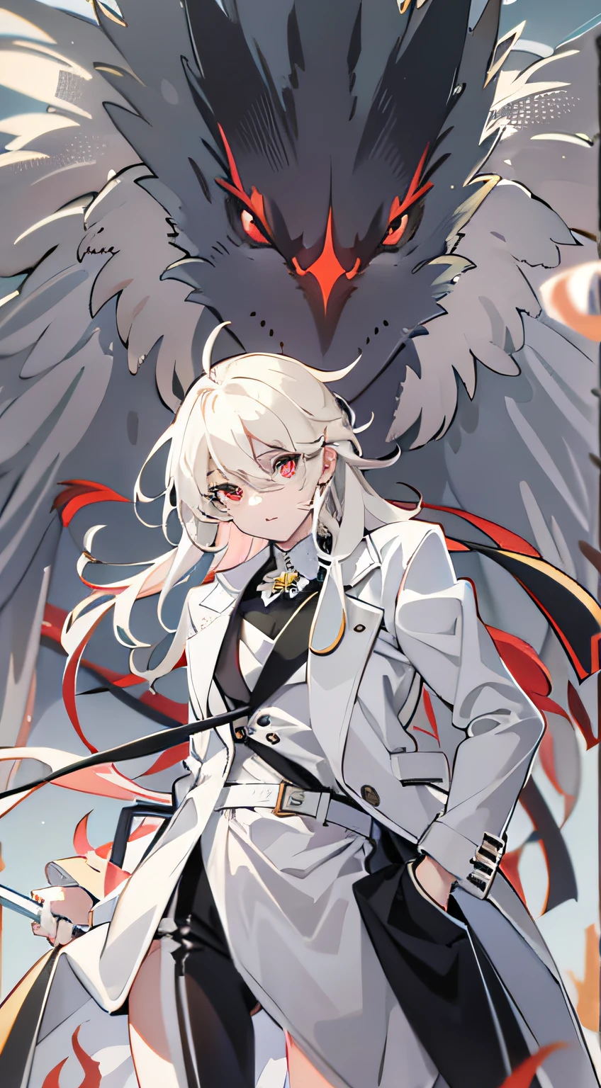 Anime shoujo,Canary anthropomorphism,Master masterpieces,White open-belly T-shirt,a black trench coat,red color eyes,White color hair,long whitr hair,solo person,Black Phoenix