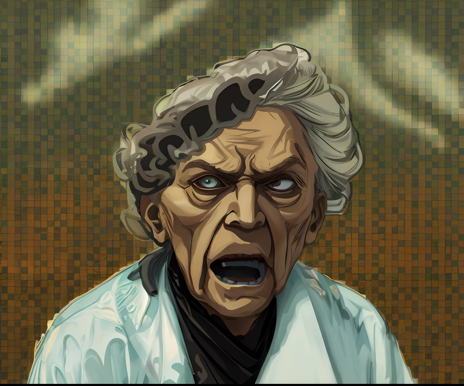 Anime characters,An old woman with only half of her head left,terrifed