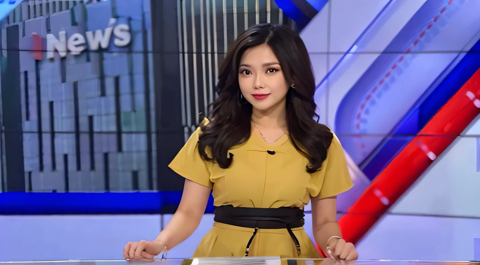 News anchor, Indonesian, black hair, white skin, super detail, super realistic