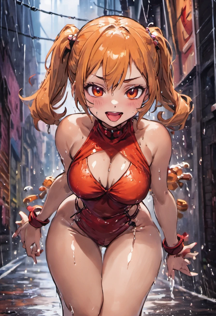 sologirl,Back alley in heavy rain,Drenched bad girl,piercings,gal make,Gal style fashion,(The whole body is soaking wet,Rainwater dripping from the face,wet face,wetting hair,Wet and glowing skin,Soaking wet costume,),(Glossy light brown and orange two-tone hair,Short ponytail),(Composition of the princess's face,big eye,Pointed lips,red lipsticks,Cute round face,A smile that makes the viewer happy,blushing with embarrassment,red blush,),(Bold poses),(The 8k quality,Masterpiece,top-quality,Ultra-high resolution output image,),intricate detailes,(Very detailed raw photos:1.3),(Image Mode Ultra HD),