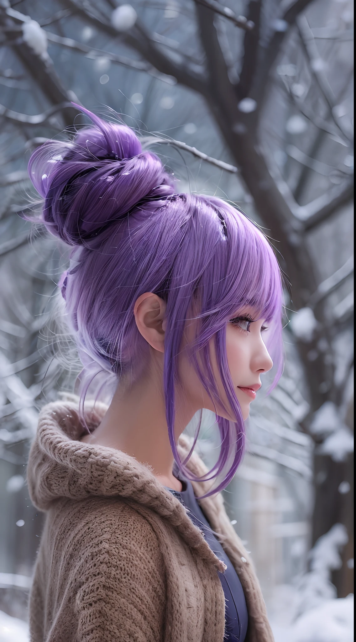 Obra maestra, La mejor calidad, en invierno, nieve, Paisaje urbano, realista, real, enorme_filesize, El fondo de pantalla, Gradiente_fondo, Japanese, girlish, Cabello largo, purple hair, cabello ondulado, Palillo para el cabello, Heart-shaped hair ornament, sonrisa falsa, senos medianos, Vestidos de turno, sin sujetador, encaje, Nipple adjustment_muslo alto,