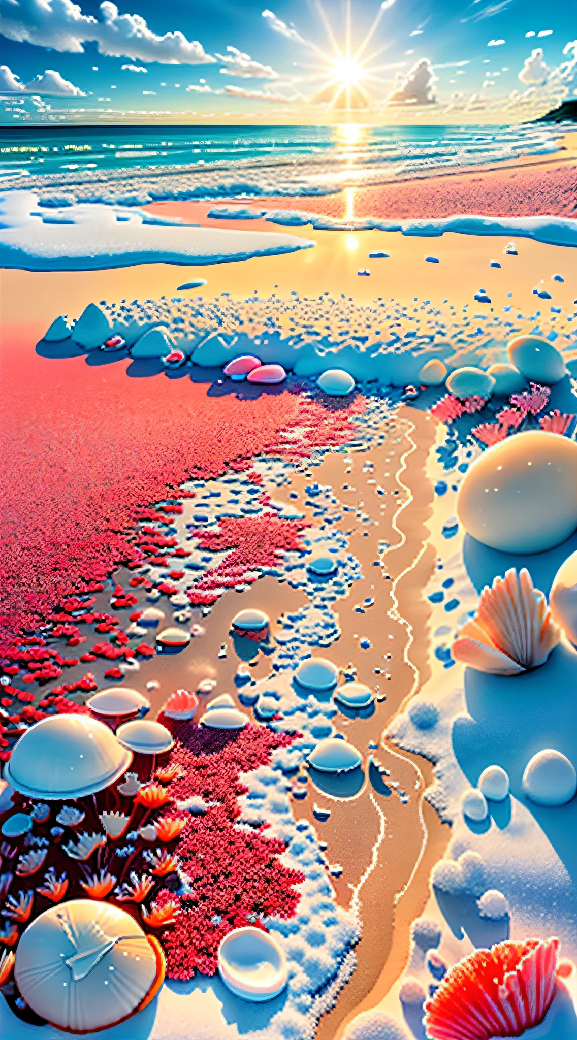 delicate scene,depth of field, 8K, The ivory sky,white clouds,and sunlight shine on the snow-white beach. The coral sea,and many colorful tinny shells on the beach,red roses, roses focus,