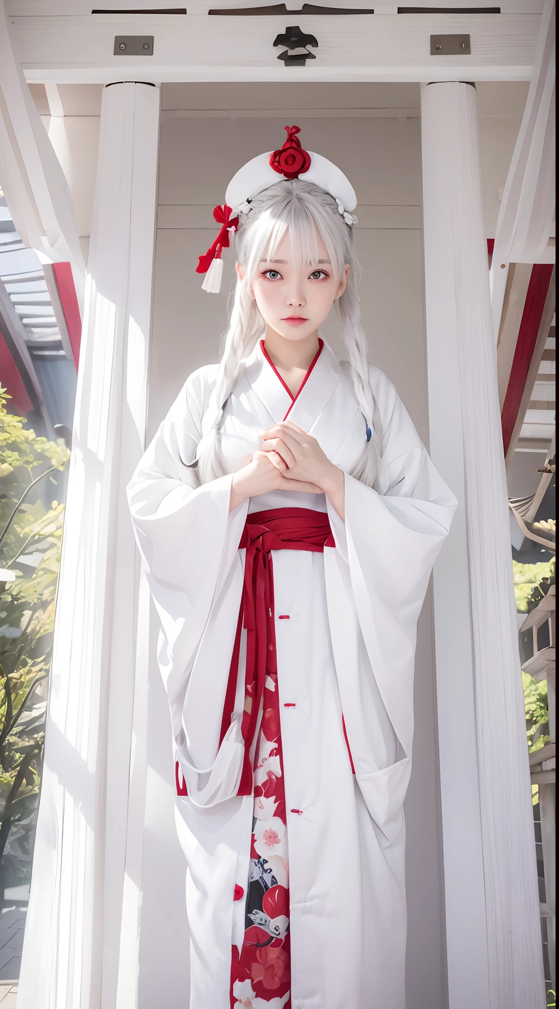 white  hair、Braids、red kimono、Silver Eyes、