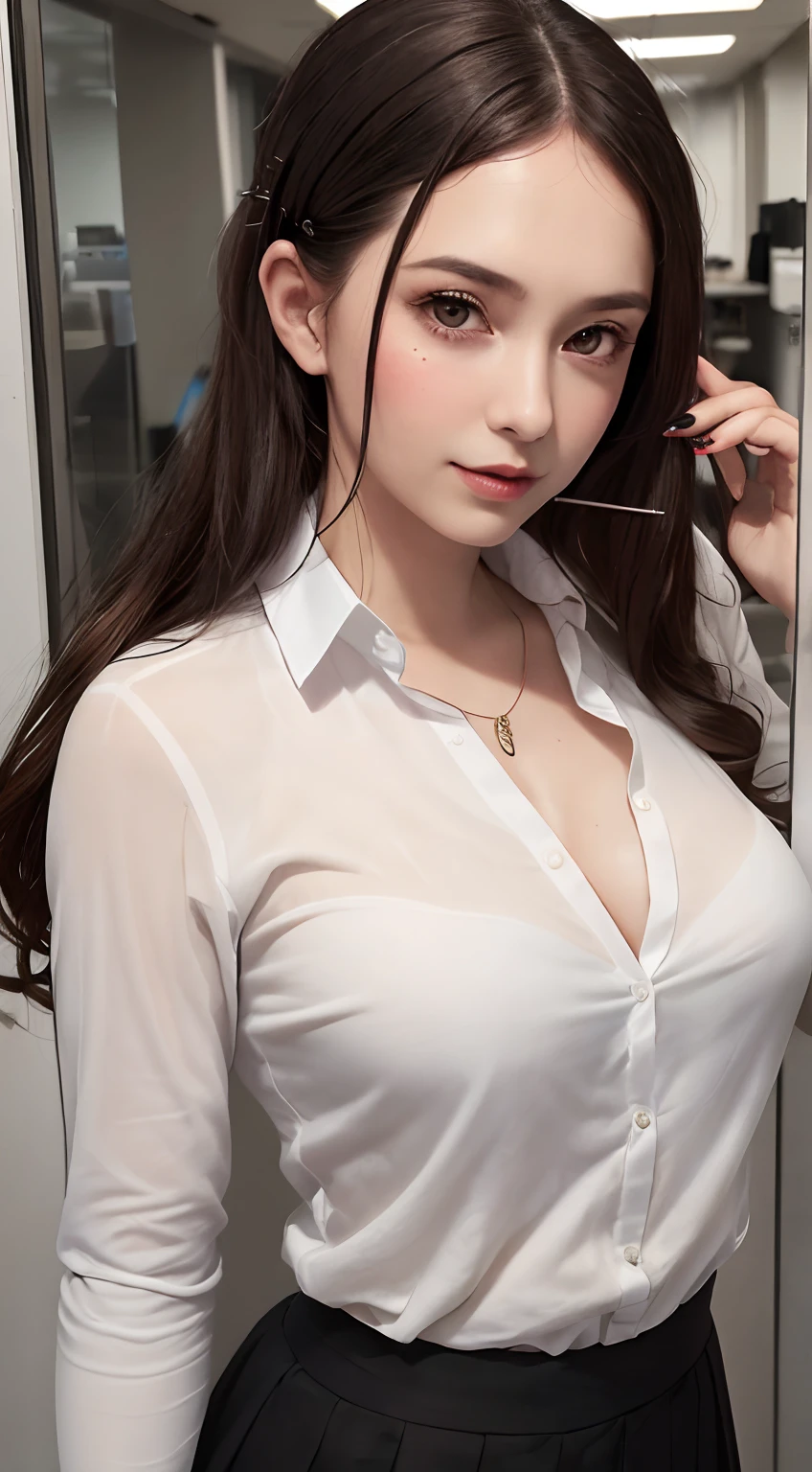 woman((30 age old)), Hair((brown, Long, Wavy)), Eyes((brown, Smart eyes)), clothes((White shirt, Black skirt)), pony tails, pervert smirk, Hairpins hair pins, Office, Employee ID card, Bigboobs, cleavage, tattoo on chest, Smoking,