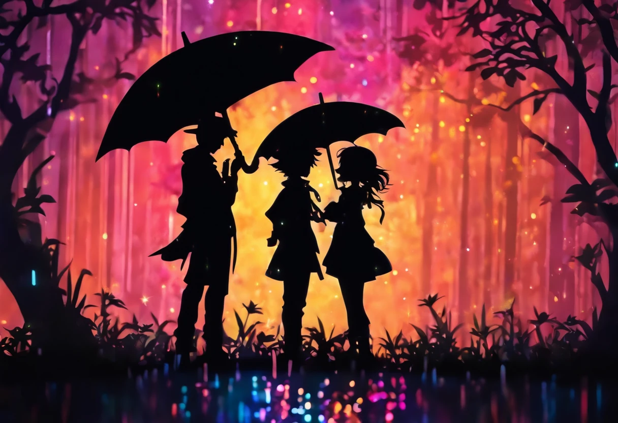 (Silhouette Art,cutouts:1.6)
(((Paper cutting art,A world where only black exists:1.3)
(Cowboy Shot),1 girl,Solo,
(Girl with umbrella,profile:1.2),
Romper
(Colorful rain)
Textured glass background,Tarot card atmosphere