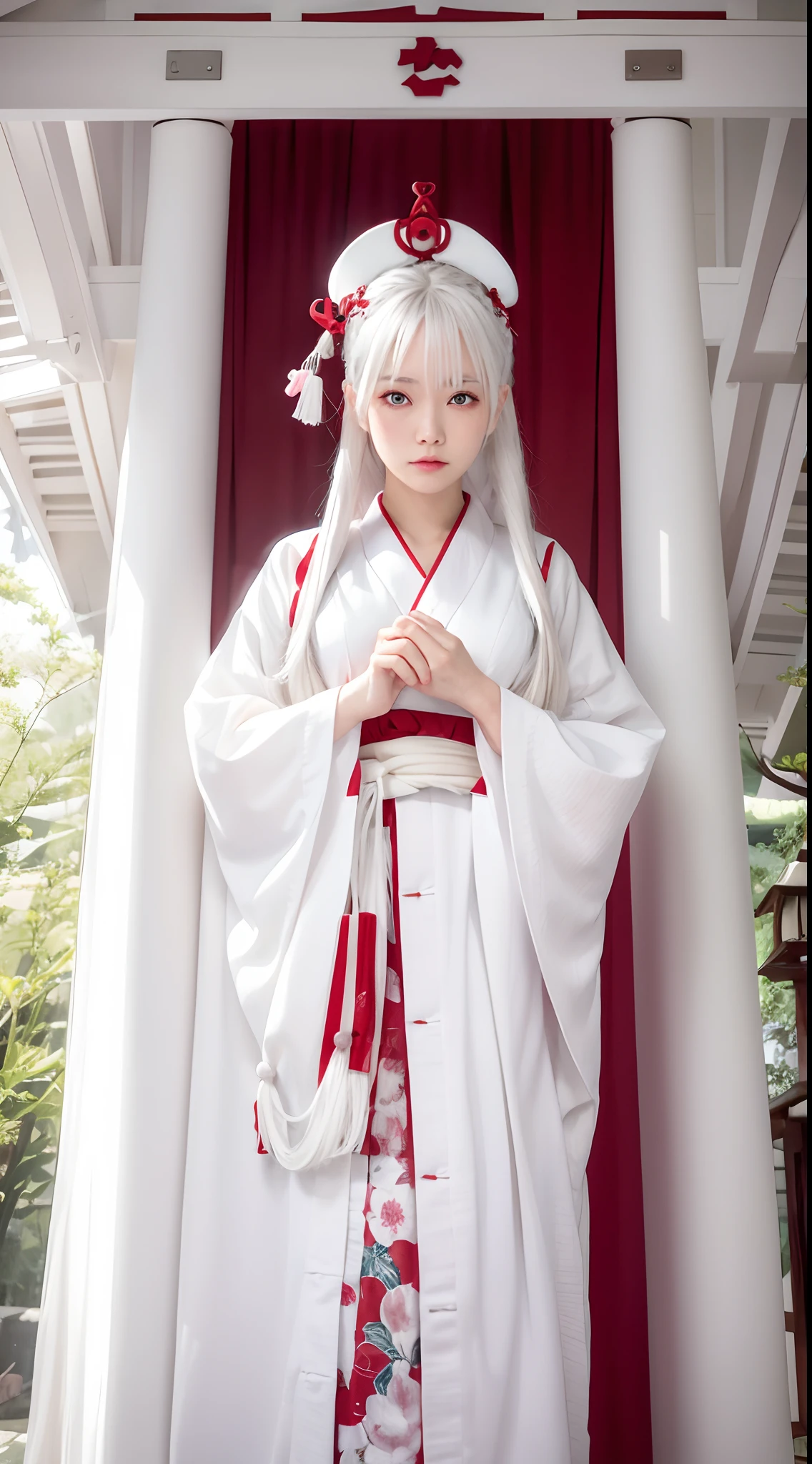 white hair、Braids、red kimono、Silver Eyes、