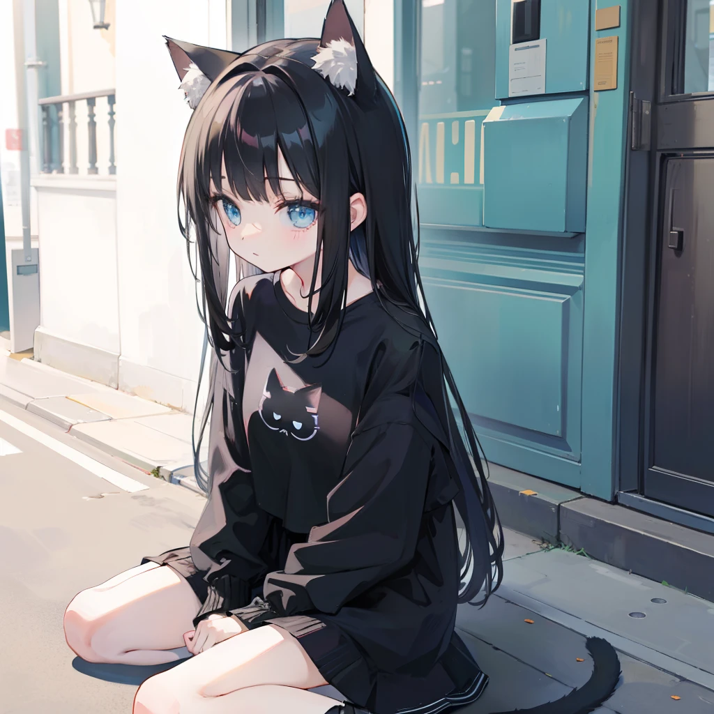 cat girl , cute little , Sitting on the ground, Black long straight hair, bangss, Himetcut
