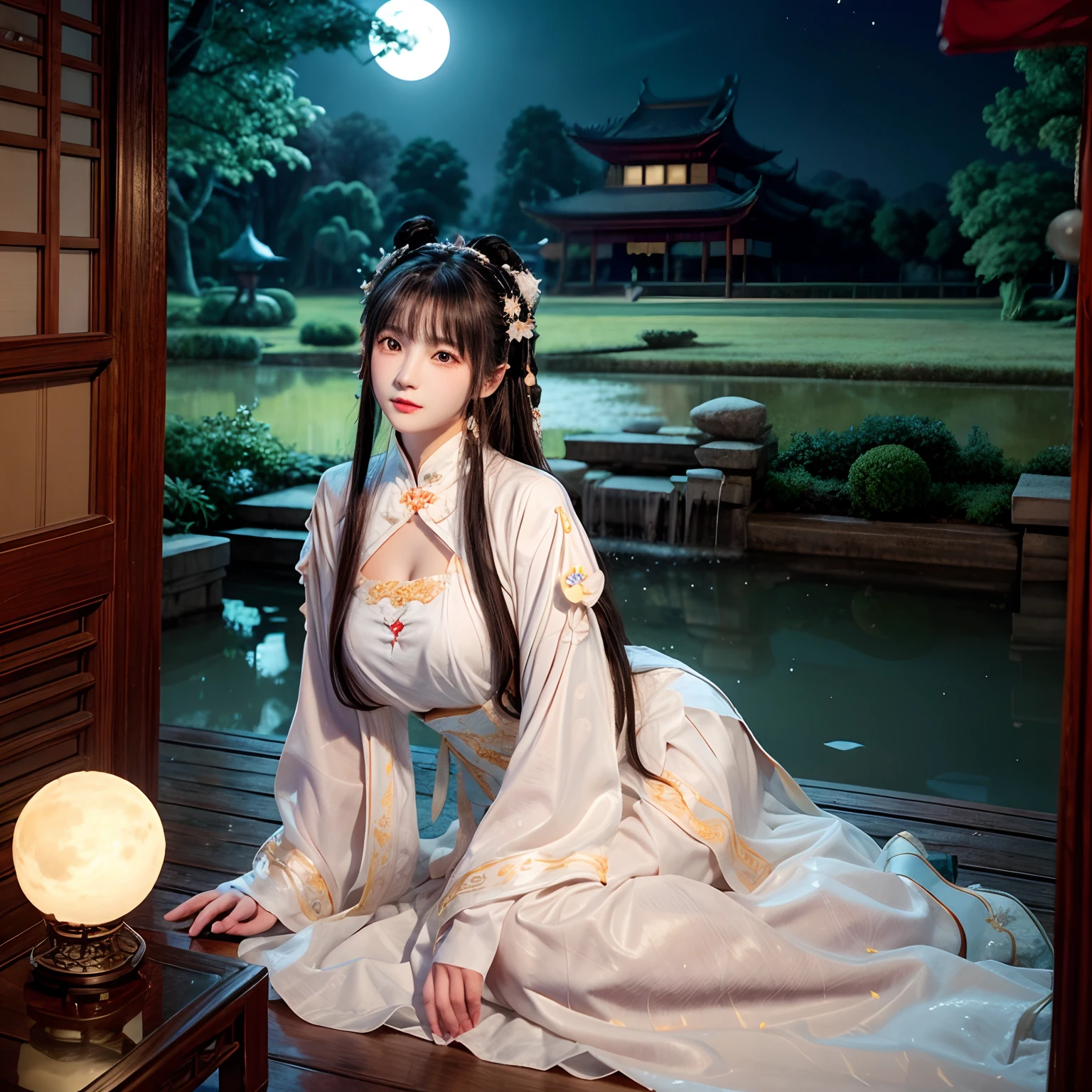 Chang'e,Moon,themoon,rays of moonlight,big breasts beautiful,delicated,the detail,Extreme,复杂,Brilliant --ar 2:4 --s 100 --niji 5 --Expressive style,palaces,the white rabbit,Long sleeves floating,Palace costume,Classical beauty,Looking at you,Bigchest,Realiy