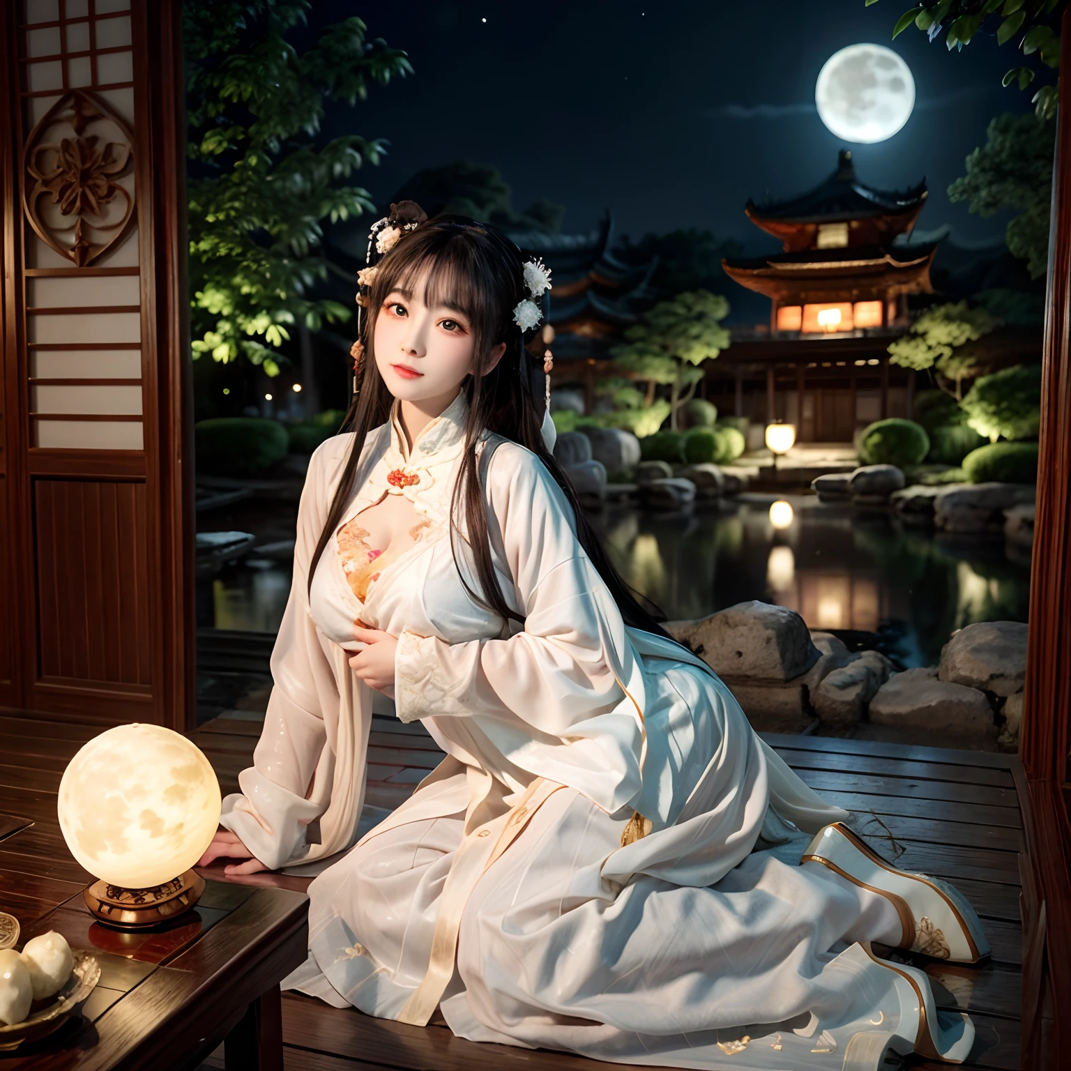 Chang'e,Moon,themoon,rays of moonlight,big breasts beautiful,delicated,the detail,Extreme,复杂,Brilliant --ar 2:4 --s 100 --niji 5 --Expressive style,palaces,the white rabbit,Long sleeves floating,Palace costume,Classical beauty,Looking at you,Bigchest,Realiy