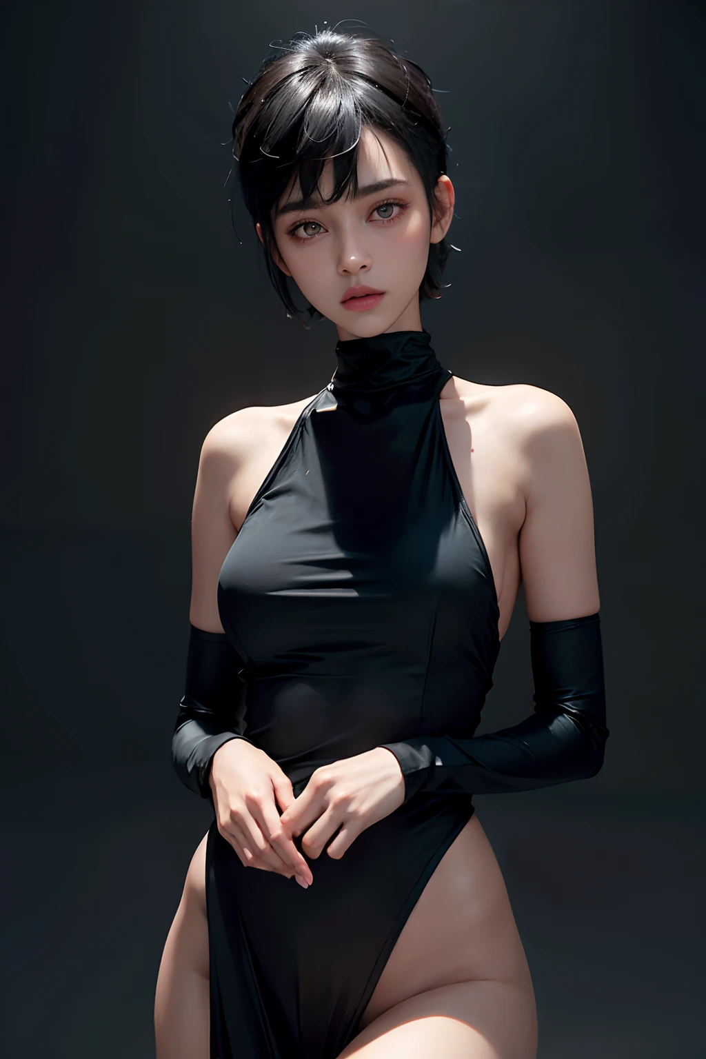 a 20 yo woman, black hair, (hi-top fade:1.3), dark theme, soothing tones, muted colors, high contrast, (natural skin texture, hyperrealism, soft light, sharp),golden holy aura glow, particles,exposure blend, medium shot, bokeh, (hdr:1.4), high contrast, (cinematic, teal and orange:0.85), (muted colors, dim colors, soothing tones:1.3), low saturation, (hyperdetailed:1.2), (noir:0.4)