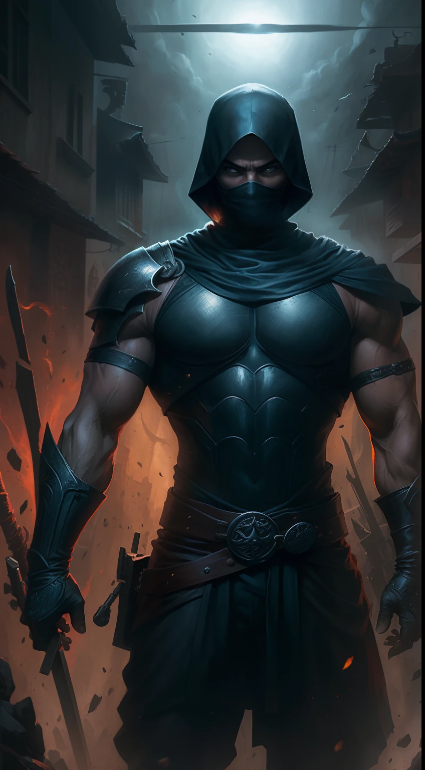 (realista:1.3), Poster con detalles Intrincado , asombrosa pintura de retrato de un guerrero ninja \(obra de arte\), ((obra maestra, mejor calidad)), ((cinematiclight)), guerrero ninja ,poderoso guerrero, hiperealístico, intimidating dark fantasy \(estilo\), traje detallado