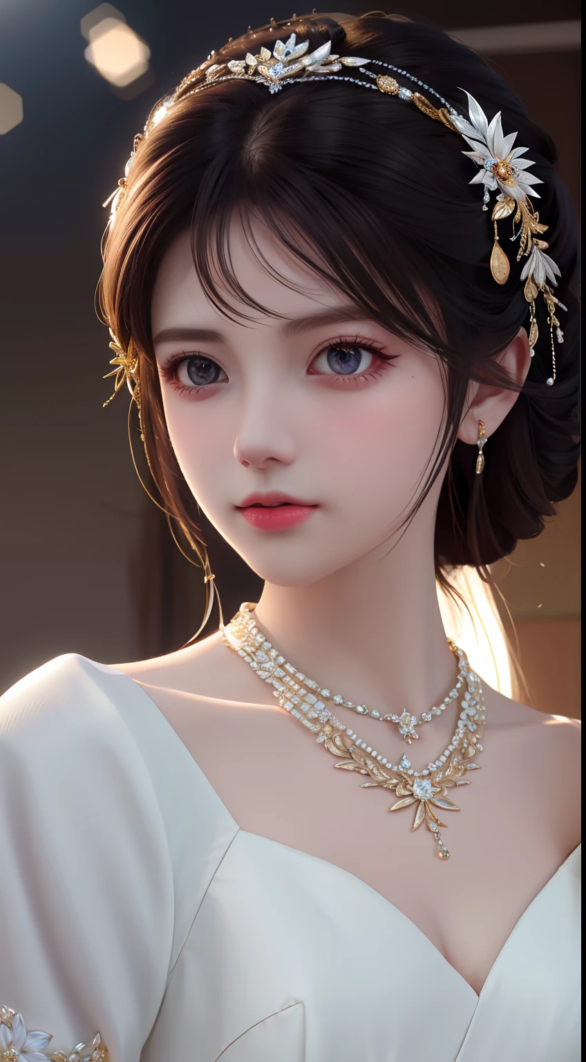Best Quality, Masterpiece, High Resolution, 1 Girl, Porcelain Dress, Hair Accessories, Necklace, Jewelry, Beautiful Face, Physics, Tyndall Effect, Realistic, Dark Studio, Rim Lighting, Duotone Lighting, (High Detail Skin: 1.2), 8k uhd, DSLR, soft light, high quality, volumetric light, candid, photo, high resolution, 4k, 8k, bokeh