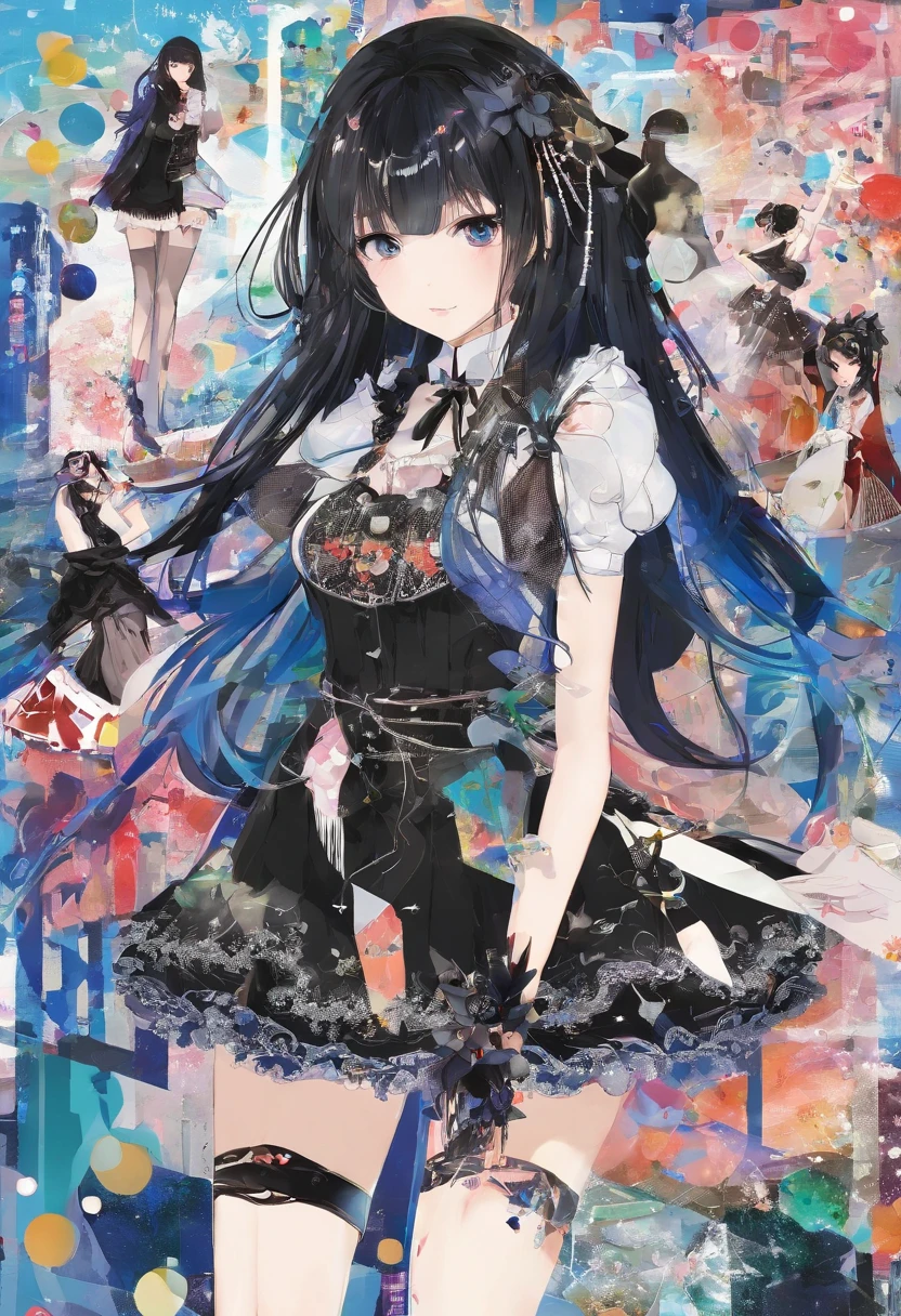 two womens、Japanese ido、（17 age_Black Long Hair_Big_cute little:1.3)、（15yo student_Black Shorthair_Small_cute little：1.3)、Blue Idol Costume、Above the concert stage