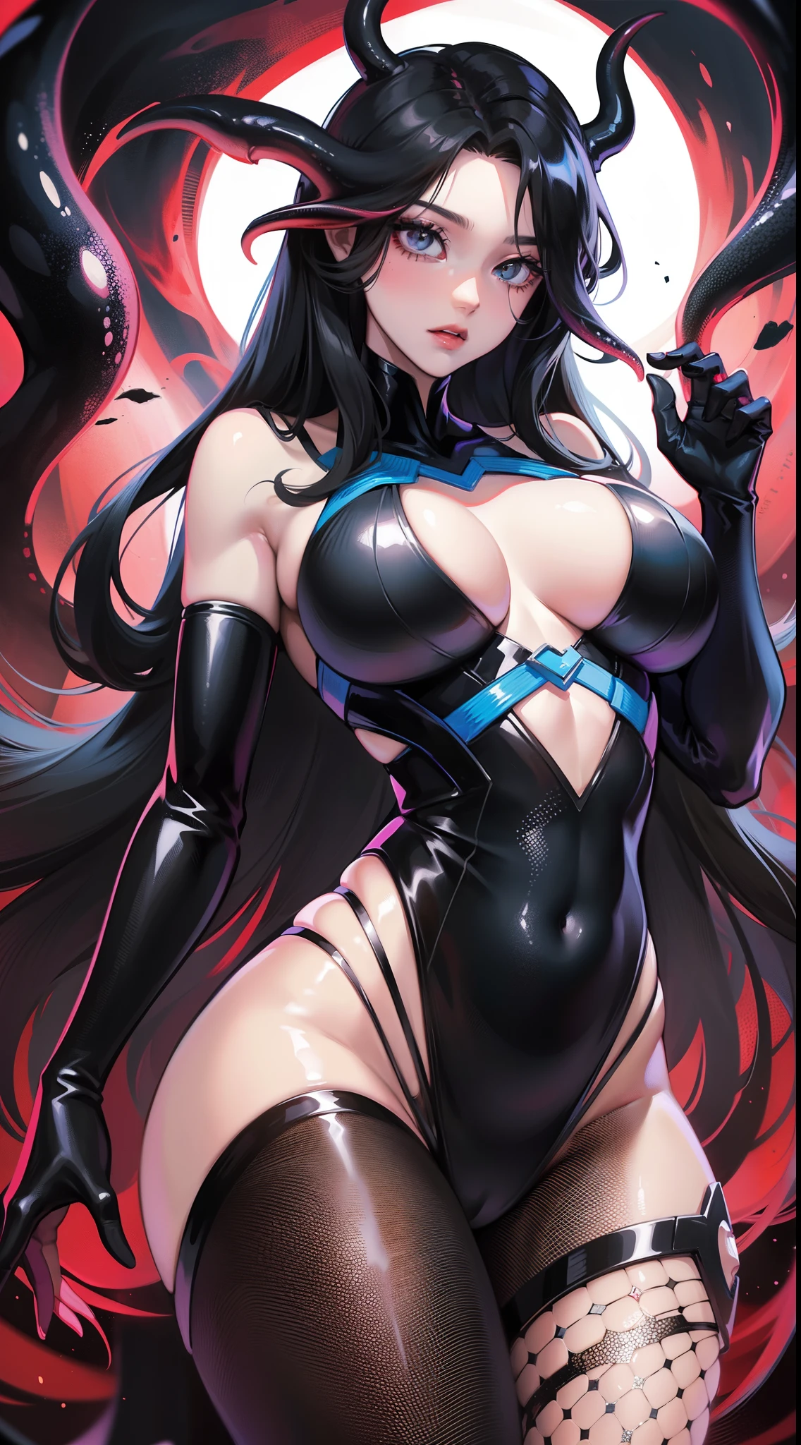 young girl, Long black hair, Black Eyes, open breasts, symbiote, venom (Marvel), The Venom Woman, Tentacles, Masterpiece, hiquality, 4k, HD, Good detail