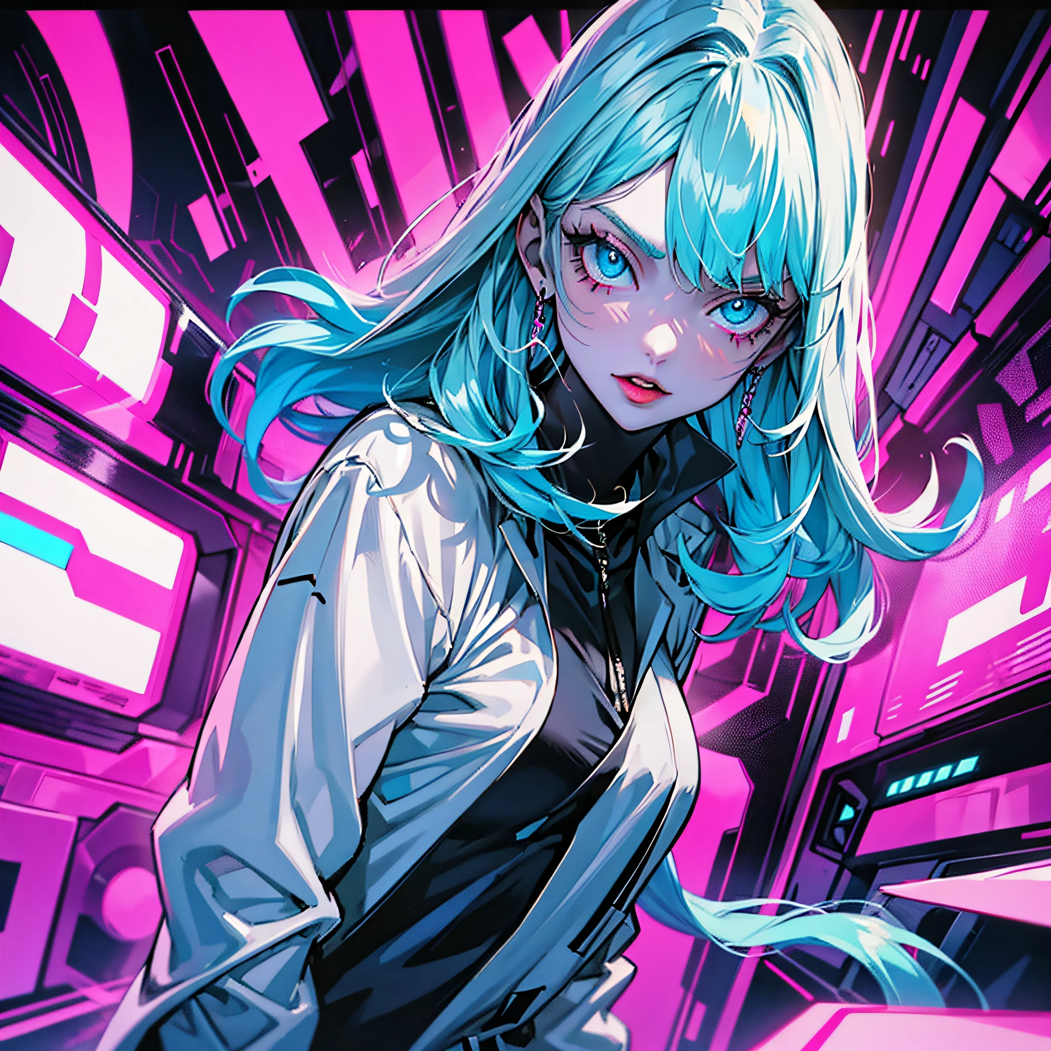 vampire e girl, white pink long hair, cool black open short jacket labeled "CruciA", tatoos, messy fade cut hair, crazy,futuristic neon night street background,poser, fuchsia, indigo, cyan, face portrait