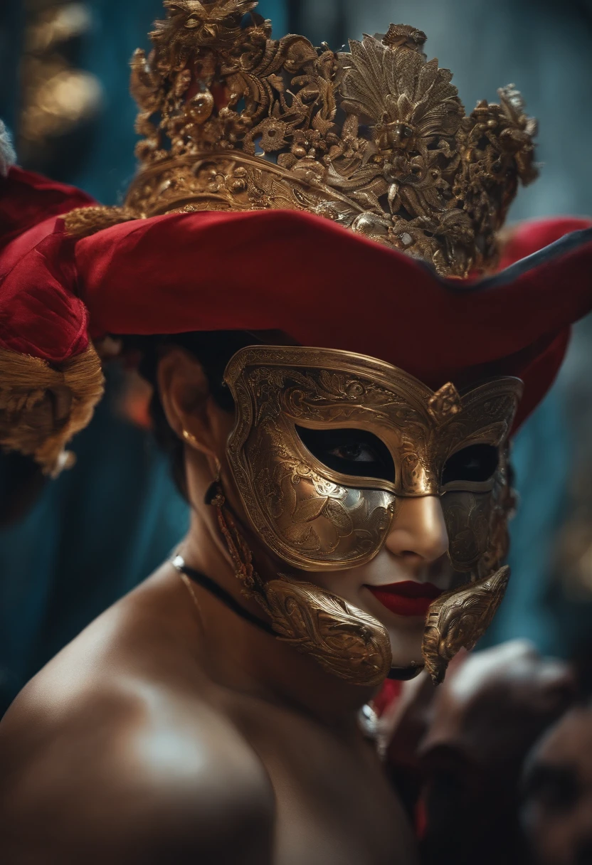 An image symbolizing hypocrisy, perhaps with a smiling mask in contrast to more serious expressions