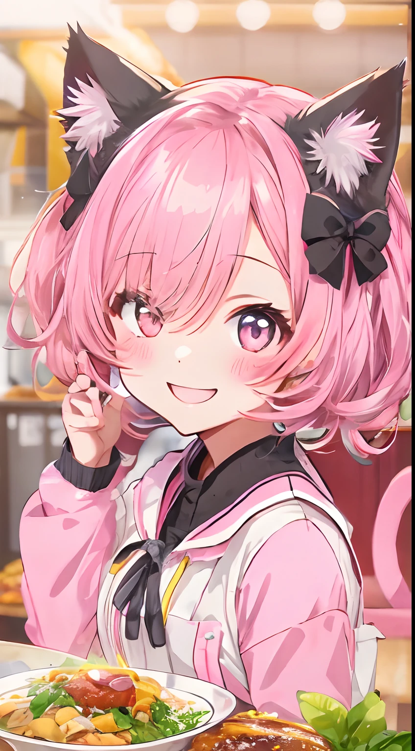 cat ear、The image of a cute girl who likes pink, appearance々Eat a culinary feast, Pose for the camera with a smile, With cute gestures.