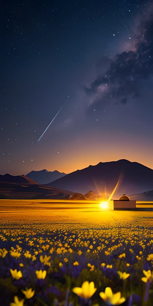 Expansive landscape photograph, (Vista desde abajo con una vista del cielo y el desierto debajo), little girl standing in a flower field looking up, (luna llena: 1.2), (estrella fugaz: 0.9), (nebulosa: 1.3), distant mountain, tree BREAK production art, (warm light source: 1.2), (glowworm: 1.2), lamplight, purple and orange, Detalles intrincados, volume illumination, realismo BREAK (Obra maestra: 1.2) (La mejor calidad), 4k, Ultra detallado, (dynamic composition: 1.4), Detalles muy detallados y coloridos, (Colores iridiscentes: 1.2), (radiant lighting, Atmospheric Illumination), Dreamy, magica, (solamente: 1.2), Flores realistas, material, Paredes, Flores ultrafinas, Paredes pintorescas, Estrellas fugaces, lluvia de meteoros, Estrellas fugaces, fireflys, Small balls of light, Orbes, genial, light particles, lluvia de estrellas, Batido de estrellas, Luna azul, luna creciente, Estrella de cinco puntas, Estrella de primera magnitud, Betelgeuse, Bola de cristal, luz azul, Vista posterior, Sentimental, soledad, ((cometa)), bola de burbuja, 🫧