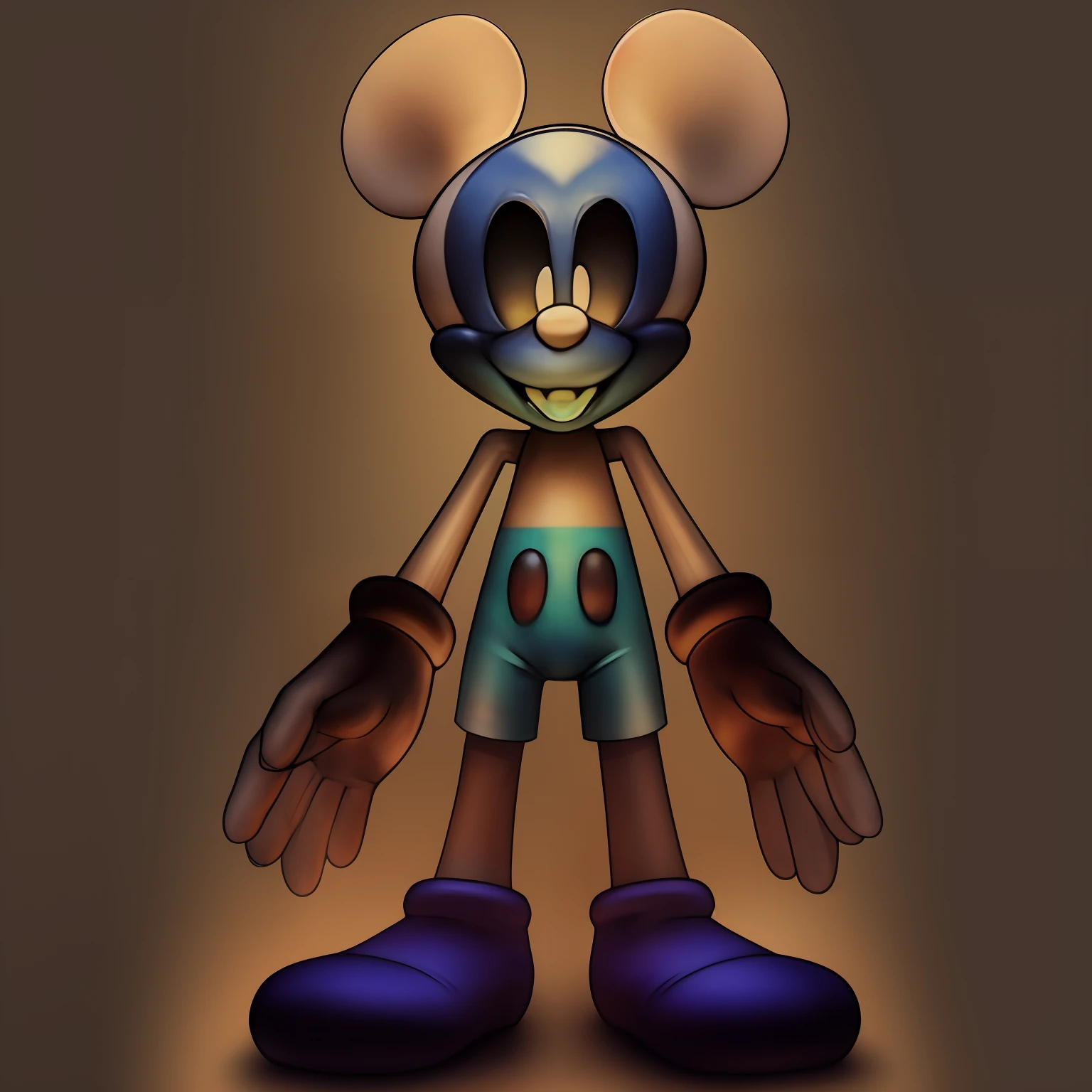 Mickey Mouse, black gloves, cyan tongue, black eyes with white pupils, open smile, full length; from head to feet; front-view; mechanical empress; human iron face; armor shaped like a ball gown; closed gown; glowing eyes; long claws; steampunk; clockwork;  demonic ambiance; steampunk; full length; from head to feet; front-view;