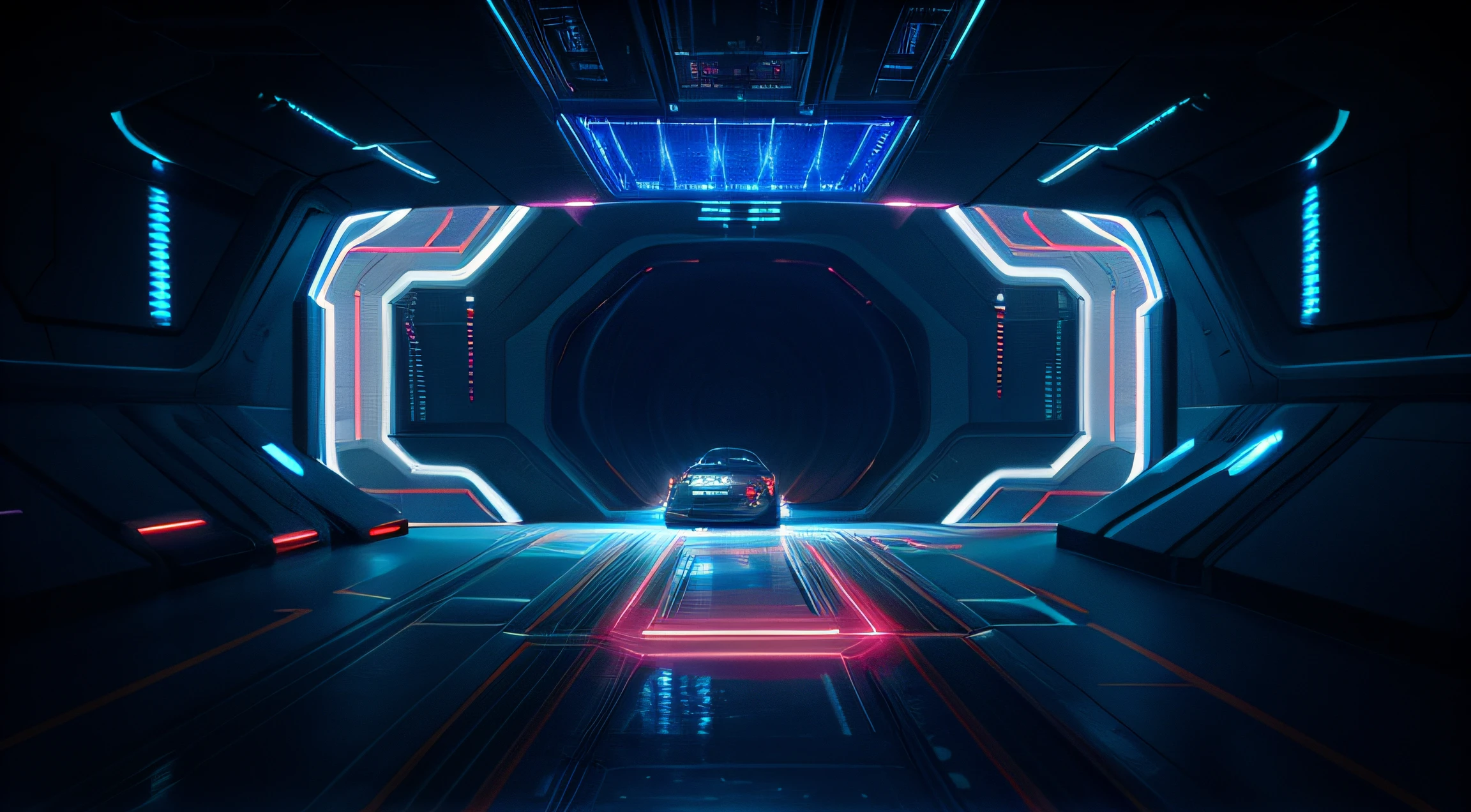 There is a futuristic tunnel,Bright light shines through from the inside, sci-fi movie cinematic frame, fundo futurista, cyber space, Cyber background, Spaceship corridor background, Background cyberpunk spaceship, techno neon projector background, in a futuristic arena, surreal cyberspace, Network - punk background, screen space reflextions, Cyberpunk background, videogame 3d render, neon lights in background
