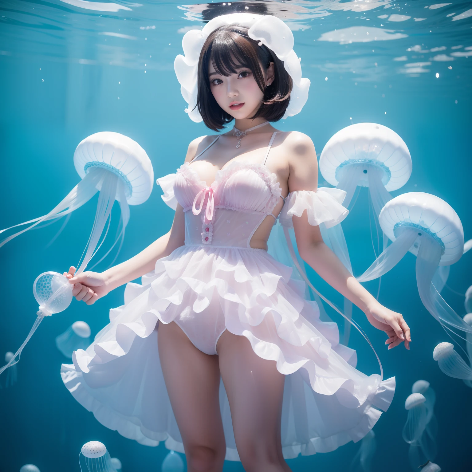 Female idol covered in jellyfish(Cute costumes)、Looks fun、full body Esbian、