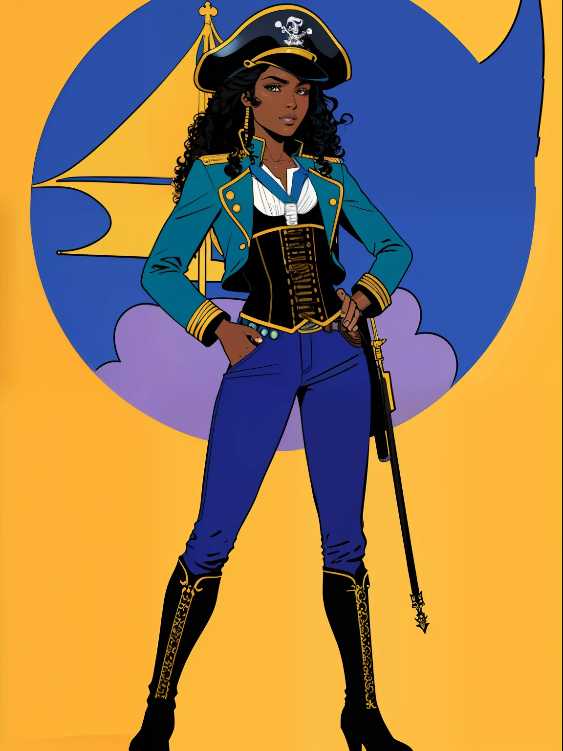 (comic style:1.3), (line art:1.5), (full body),(masterpiece, award winning, best quality:1.3), (flat color:1.3),(colorful:1.3), 1 girl ((solo)), Haitian, standing on a pirate ship, long curly black hair, wearing a blue captains jacket, captains hat, blue pants, corset, pirate ship, cinematic, masterpiece, detailed background, detailed material textures, (art by Jim Lee) serious, realistic 1.35, muscular 1.2