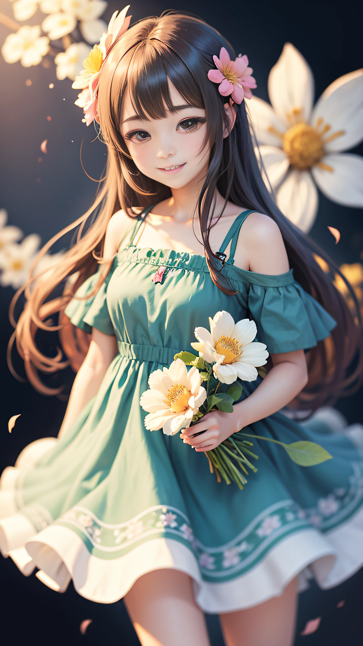 Anime style anime girl illustration blurred background smiling against camera without teeth,is wearing dress,flower sea